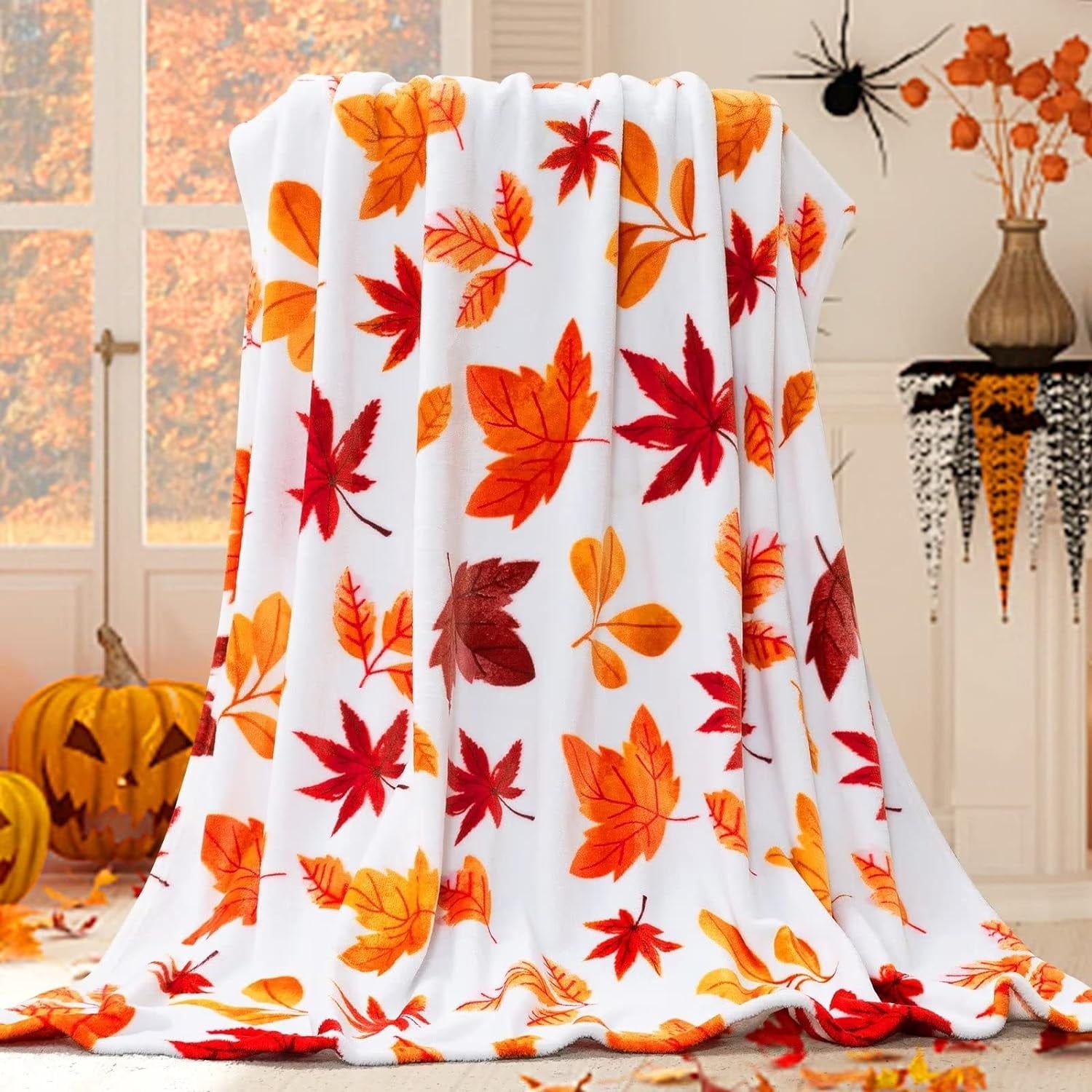 Autumn Leaves Fleece Reversible Halloween Throw Blanket