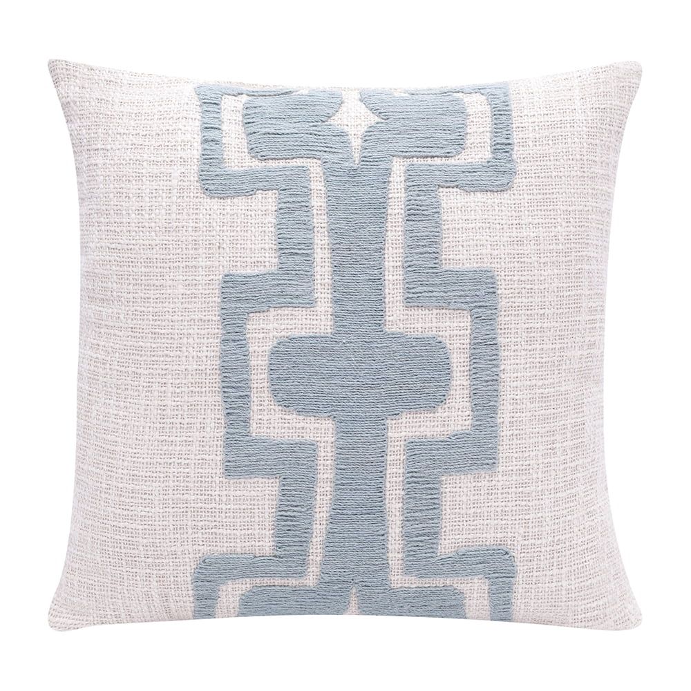Ocean Blue and Ivory Cotton Blend Square Embroidered Throw Pillow, 20" x 20"