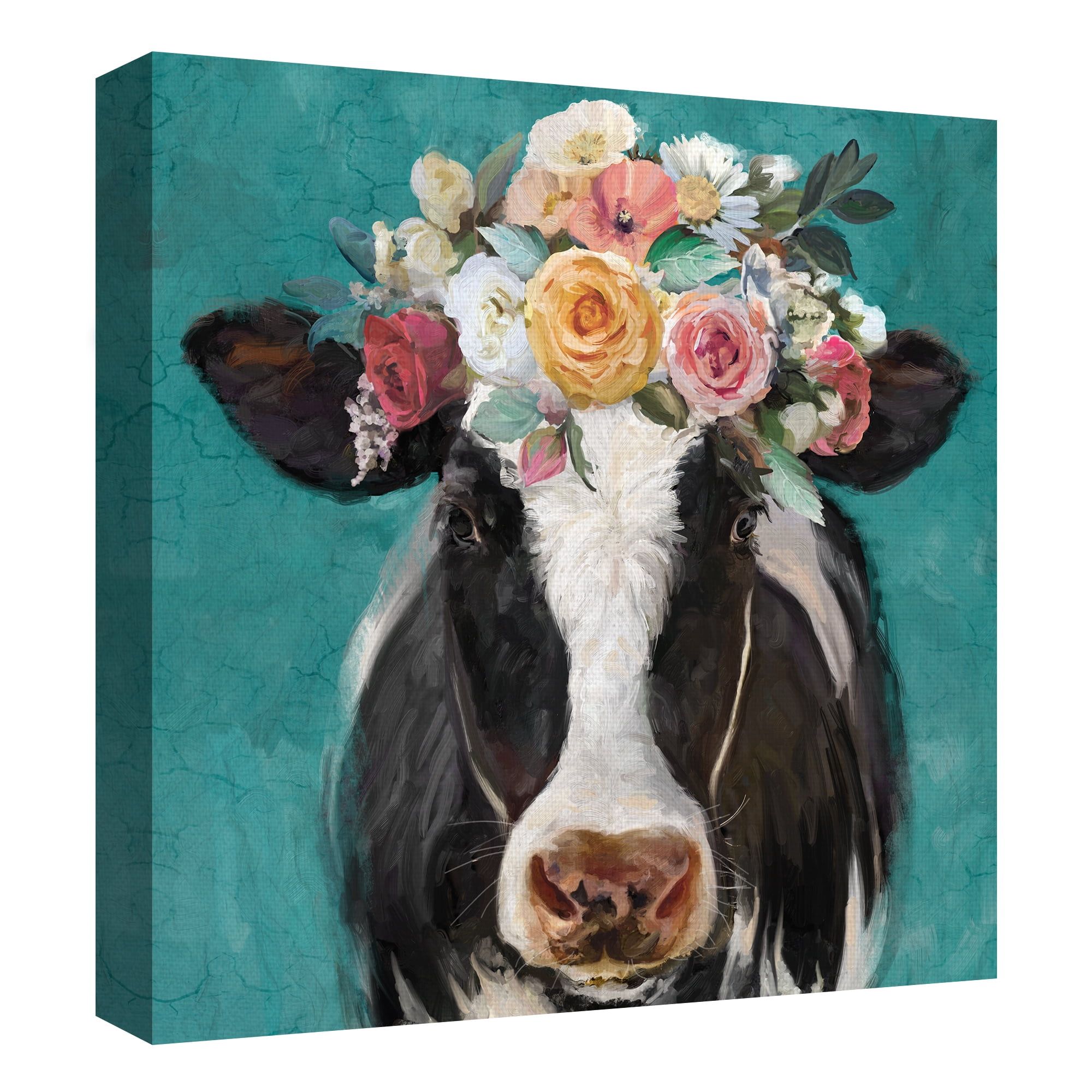 Teal Floral Headdress Farm Cow Canvas Art for Kids