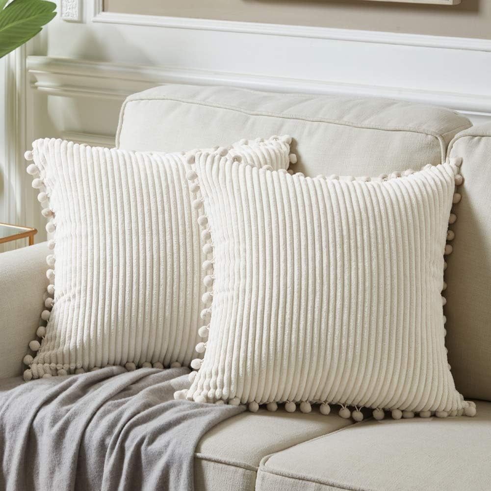 Cream Corduroy Boho Throw Pillow Covers with Pom-poms, 18x18 Inch, Set of 2