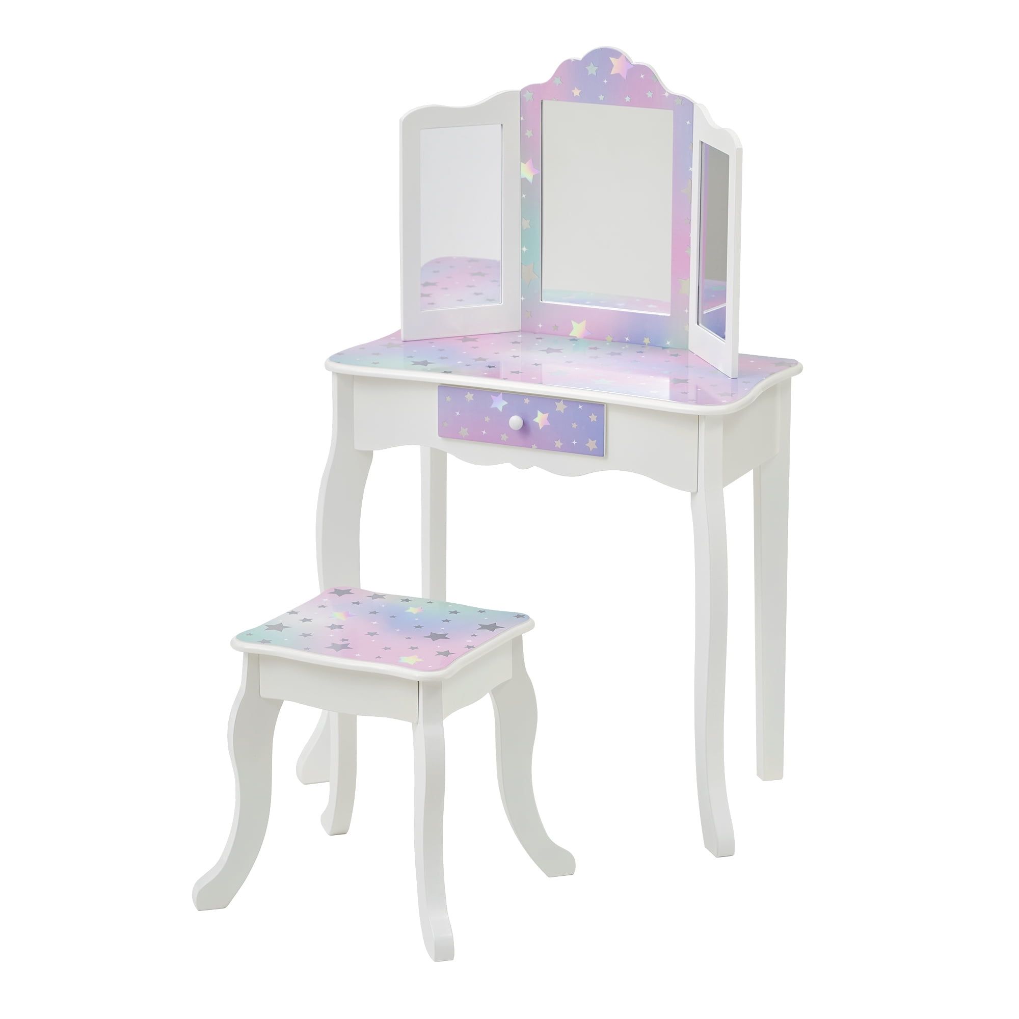 Gisele Starry Sky Kids Vanity Table with Stool, White and Iridescent