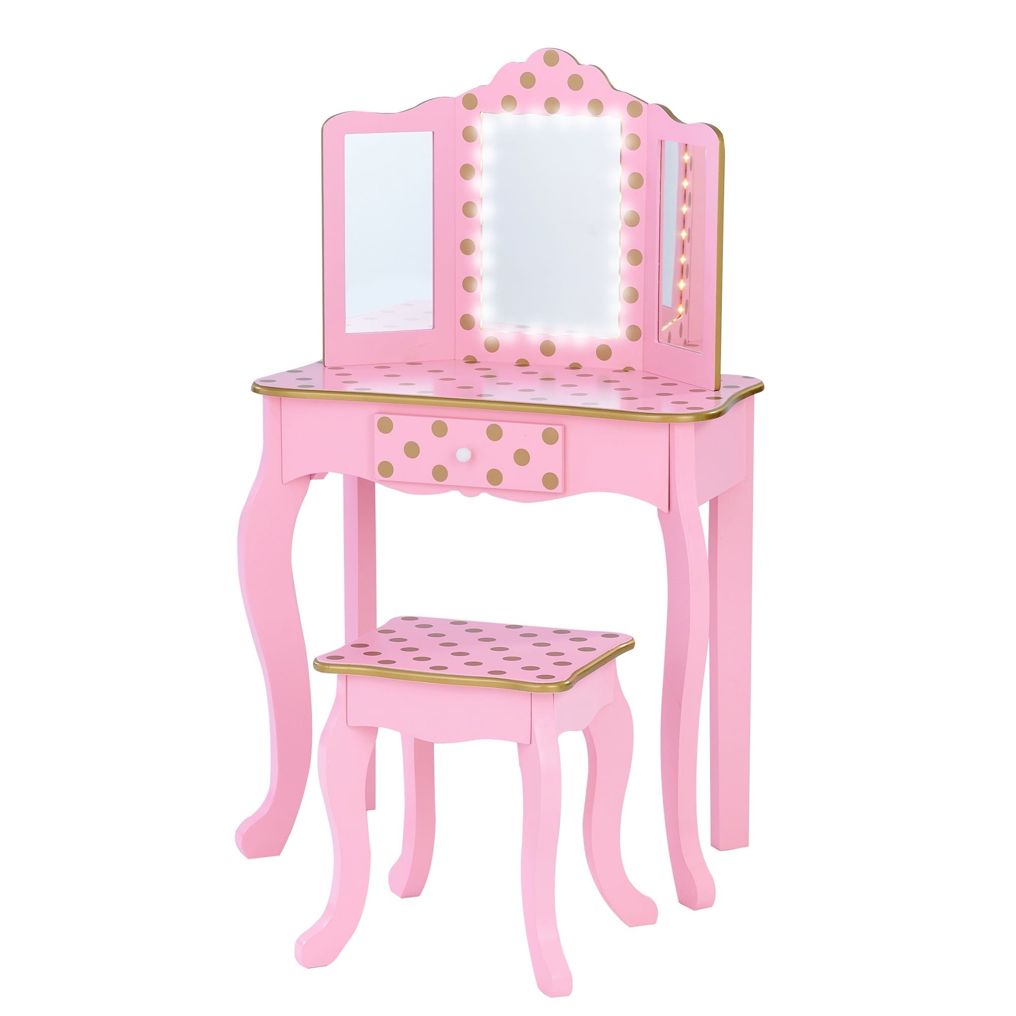 Pink and Gold Polka Dot Kids Vanity Set with LED Mirror