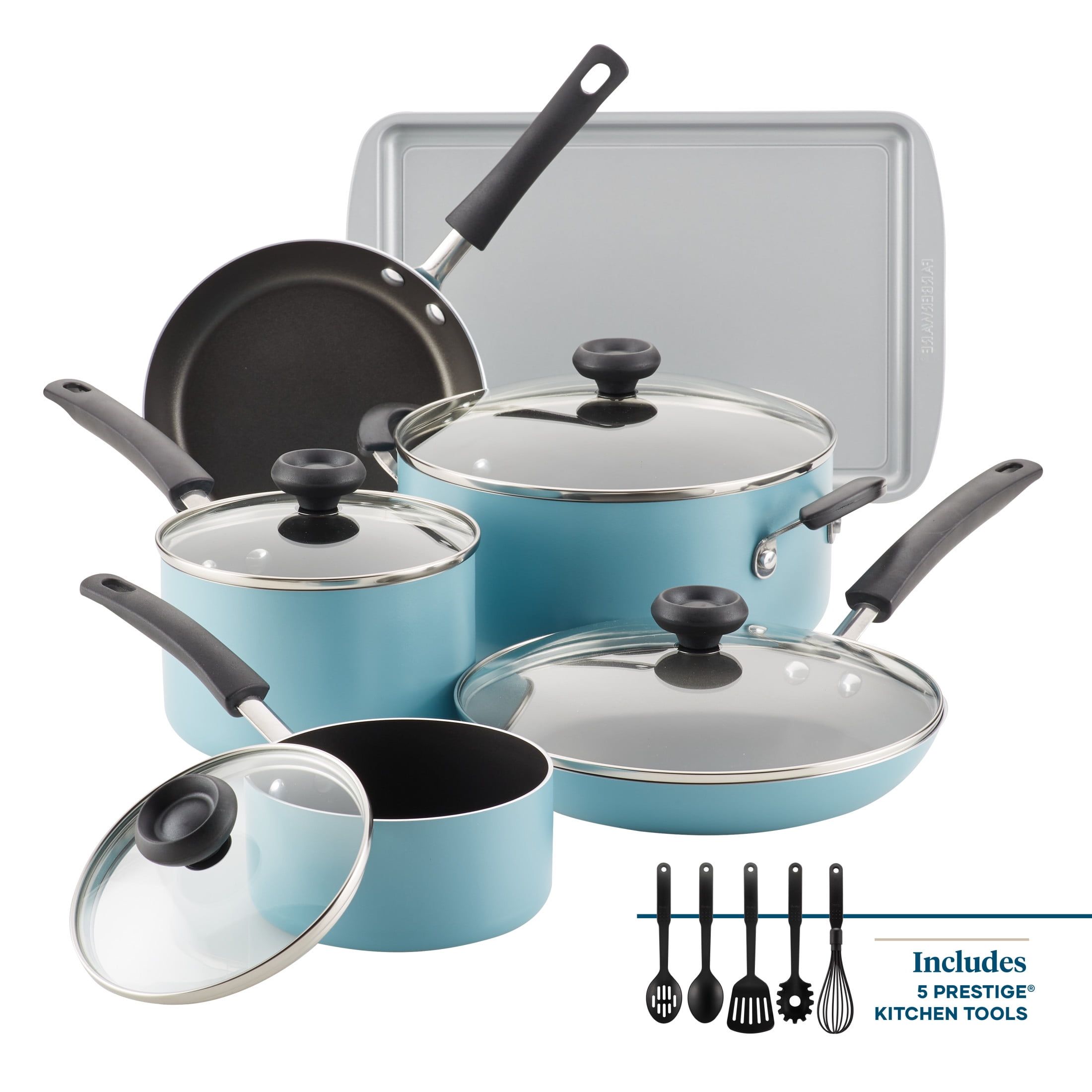 Aqua 15-Piece Nonstick Aluminum Cookware Set with Tools