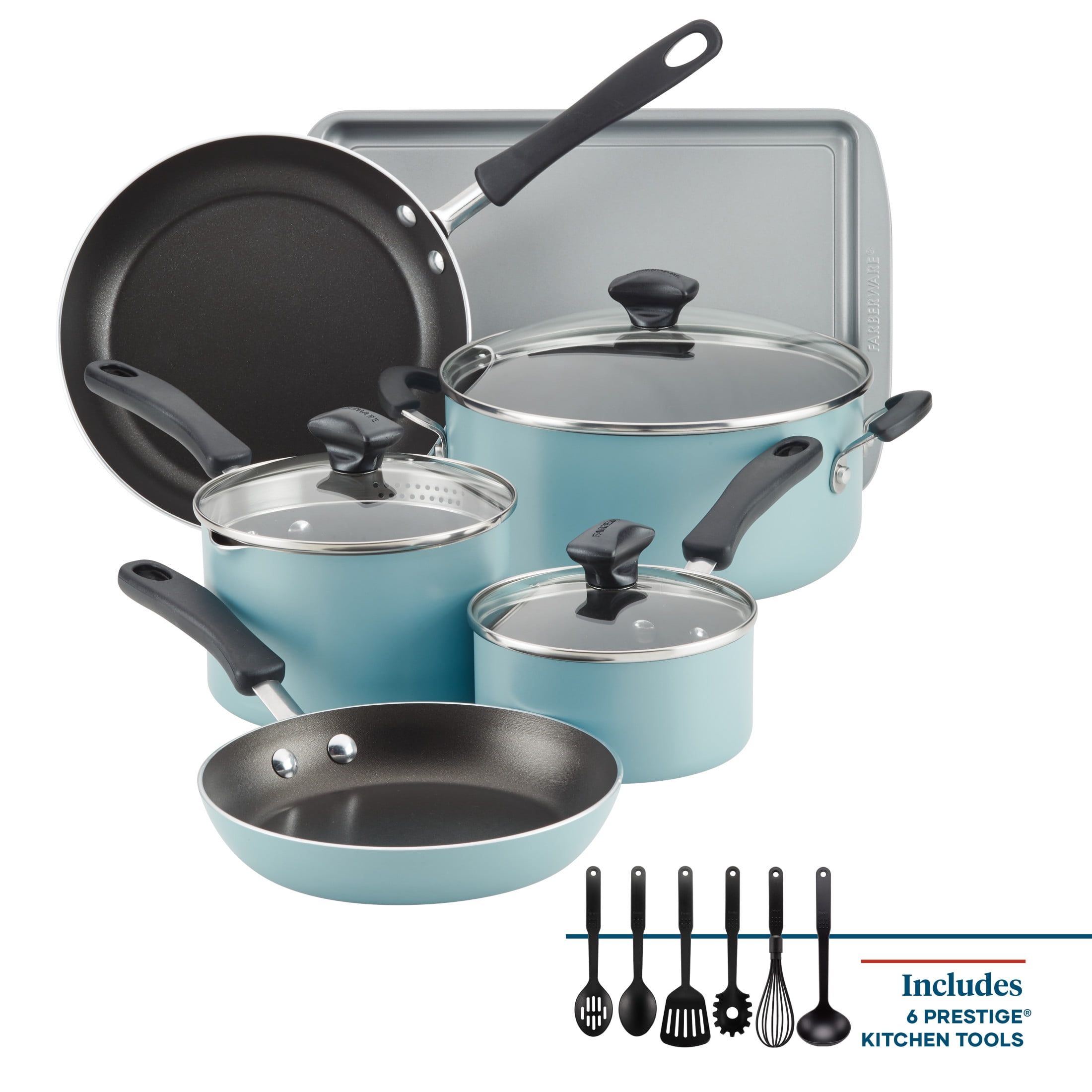 Aqua Aluminum Nonstick 15-Piece Cookware Set with Kitchen Tools