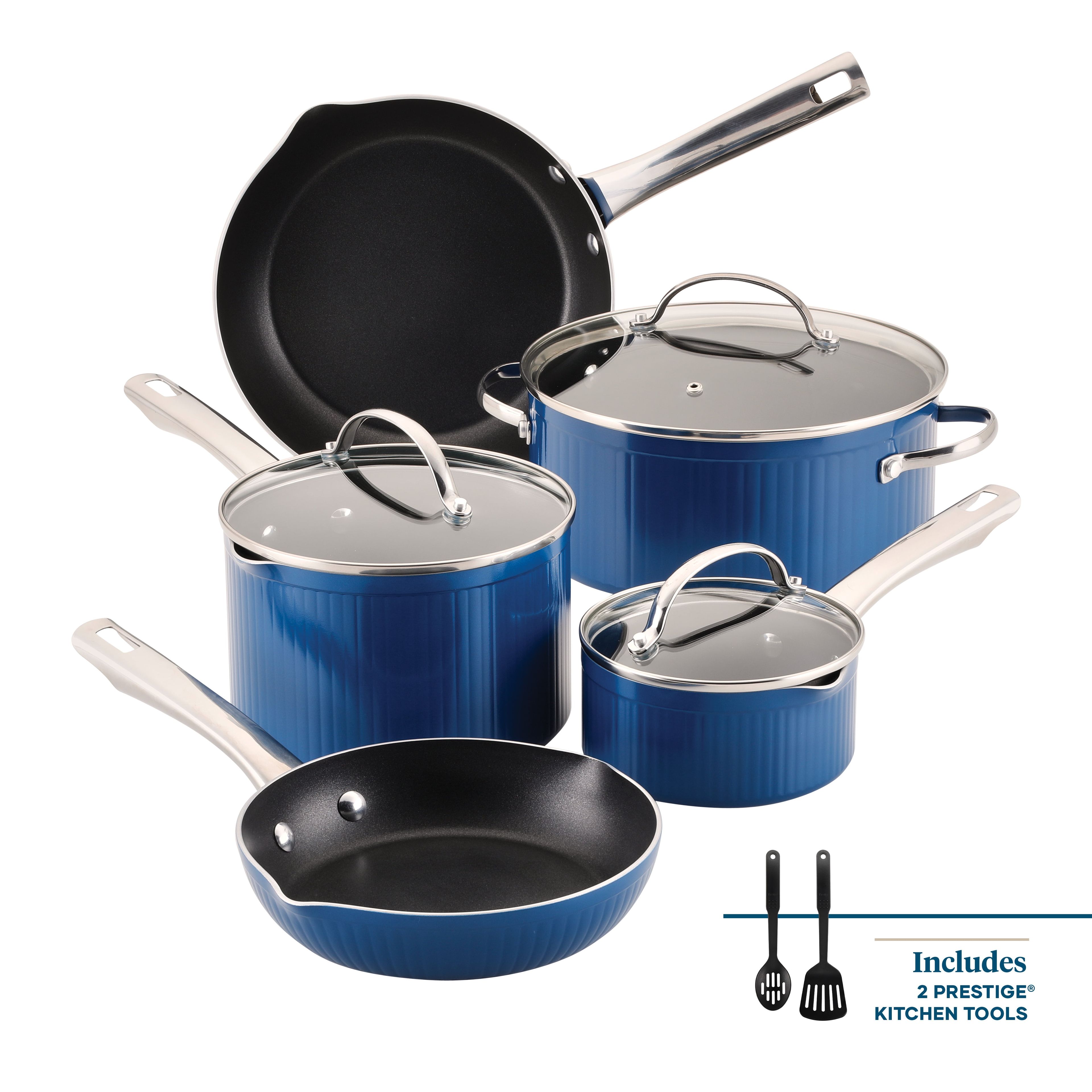 Blue Aluminum Nonstick 10-Piece Cookware Set with Utensils