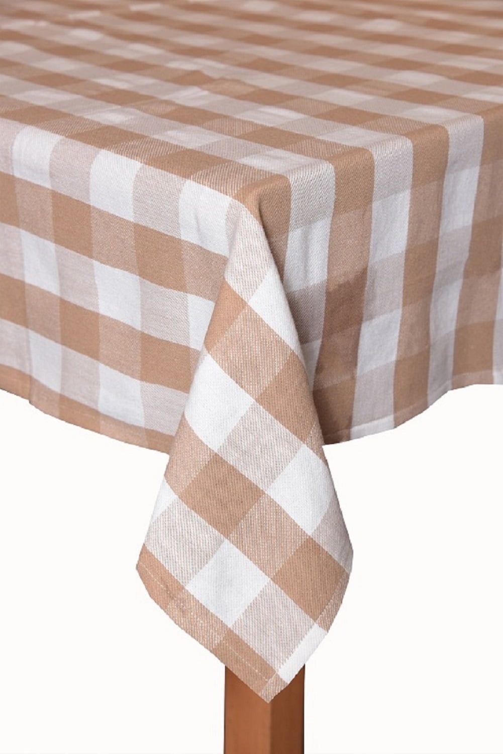 Camel and White Gingham Check Cotton Tablecloth 60" x 84"