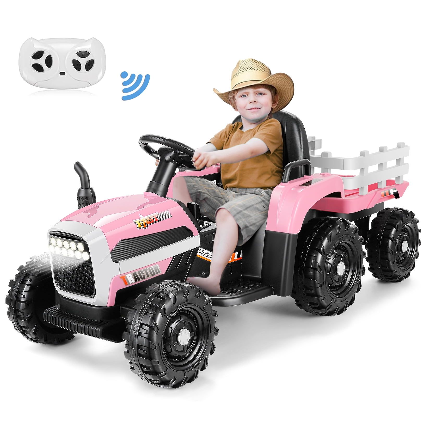 Pink 12V Plastic Ride-On Tractor with Trailer