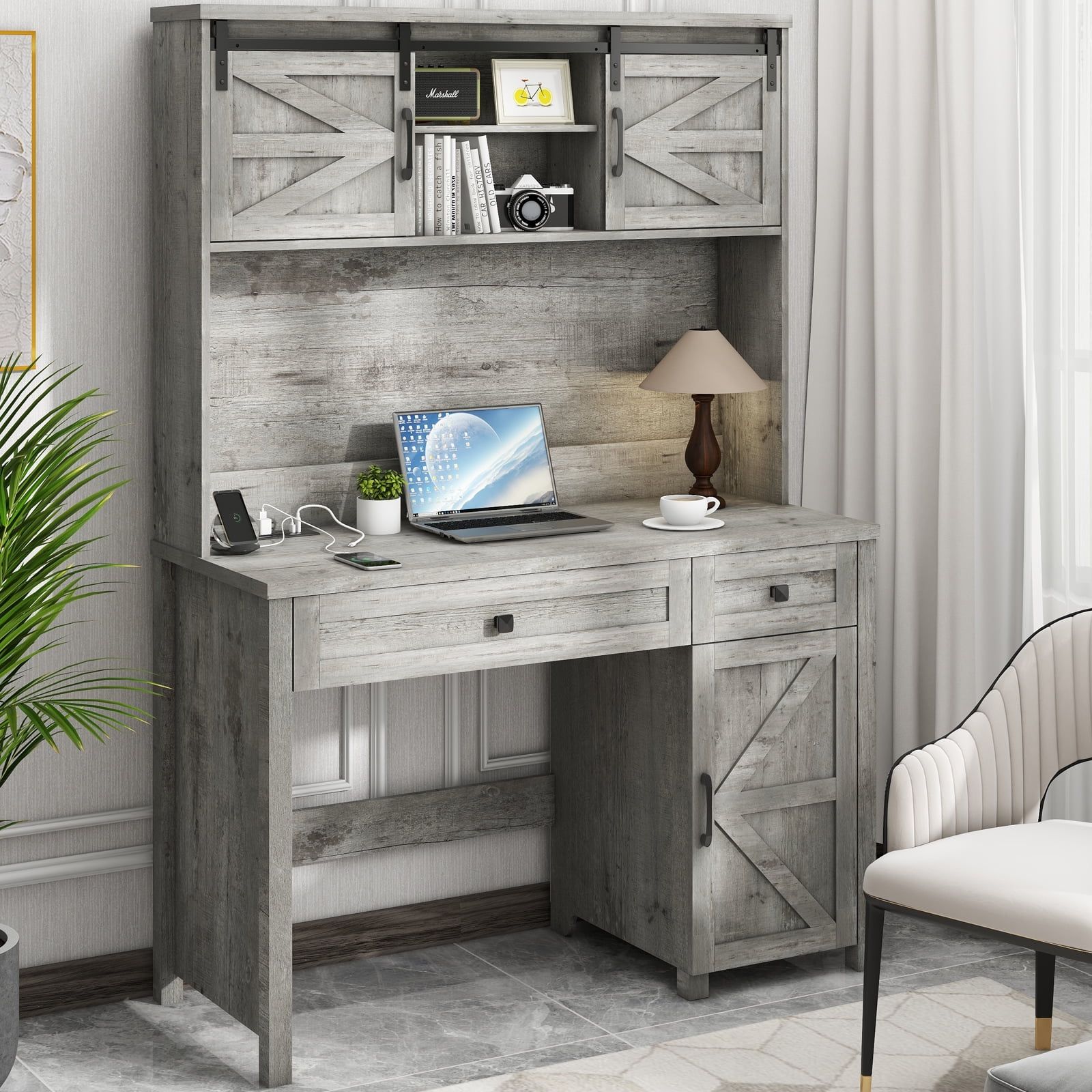 Gray Wood Executive Desk with Hutch, Drawers, and USB Ports