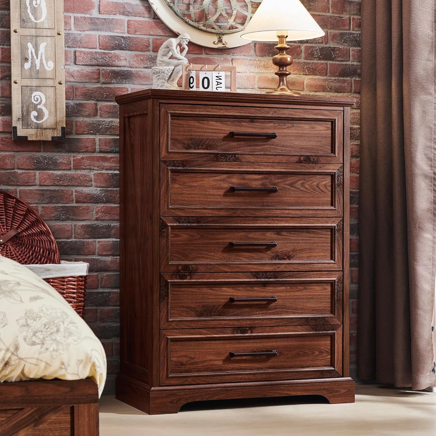 Rustic Brown 46" Tall Farmhouse 5-Drawer Wood Dresser