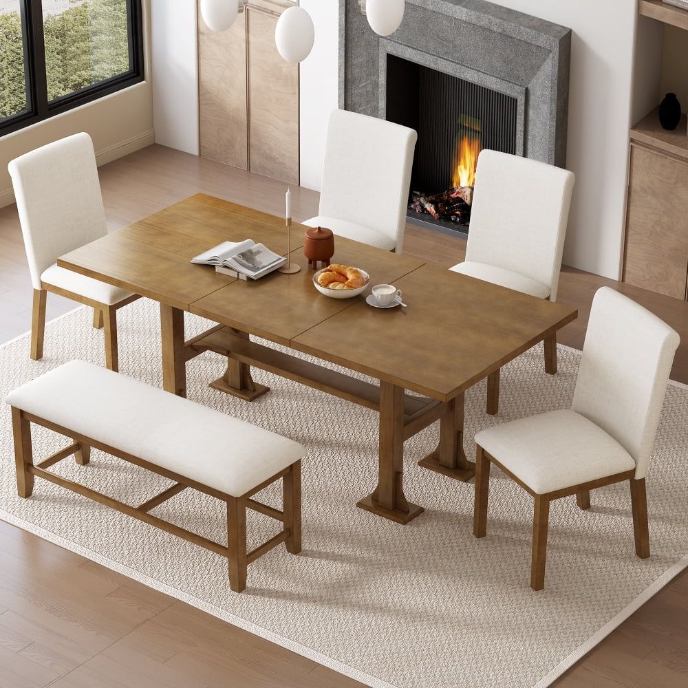 Farmhouse Brown Extendable Dining Table Set with Upholstered Chairs and Bench