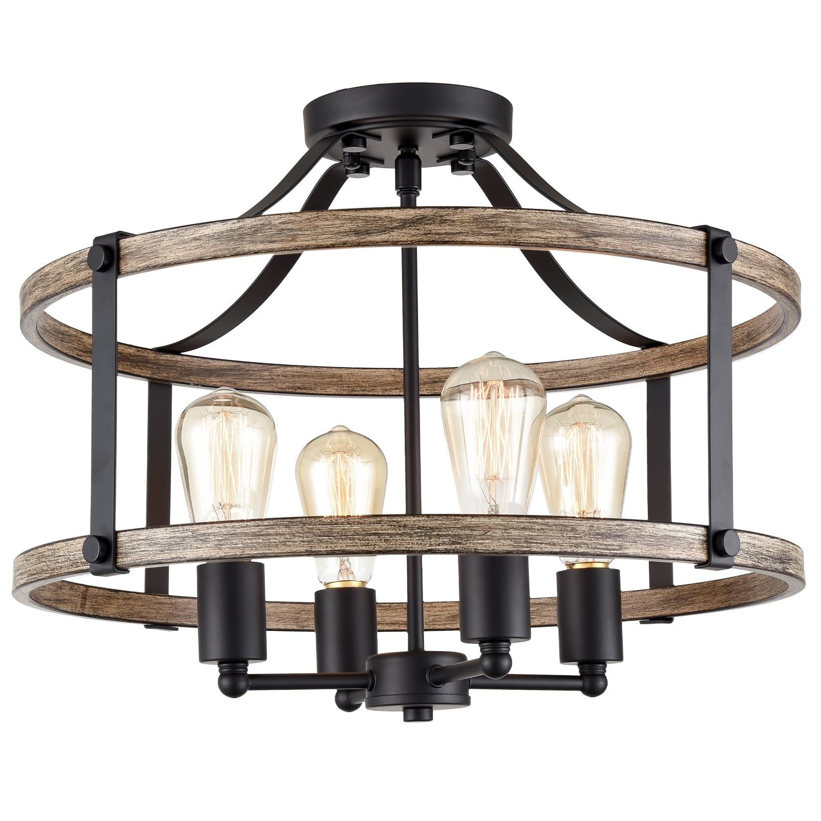 Black and Wood Grain Drum Semi Flush Mount Chandelier