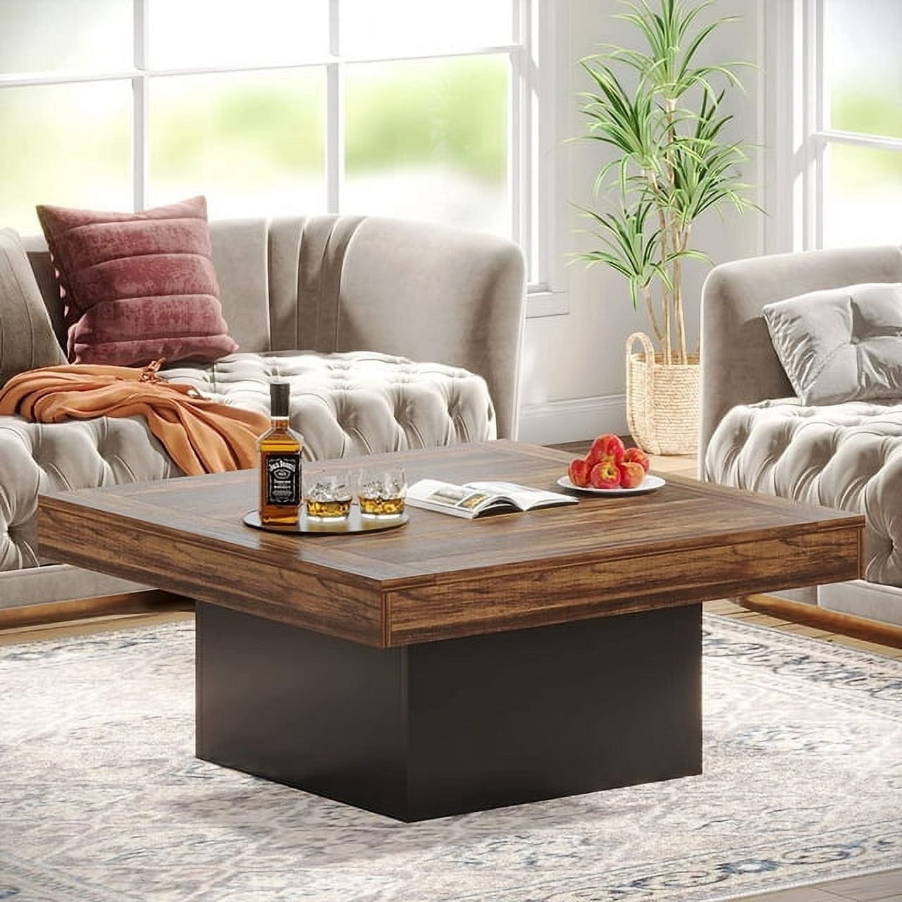 Rustic Brown and Black Square LED Wood Coffee Table