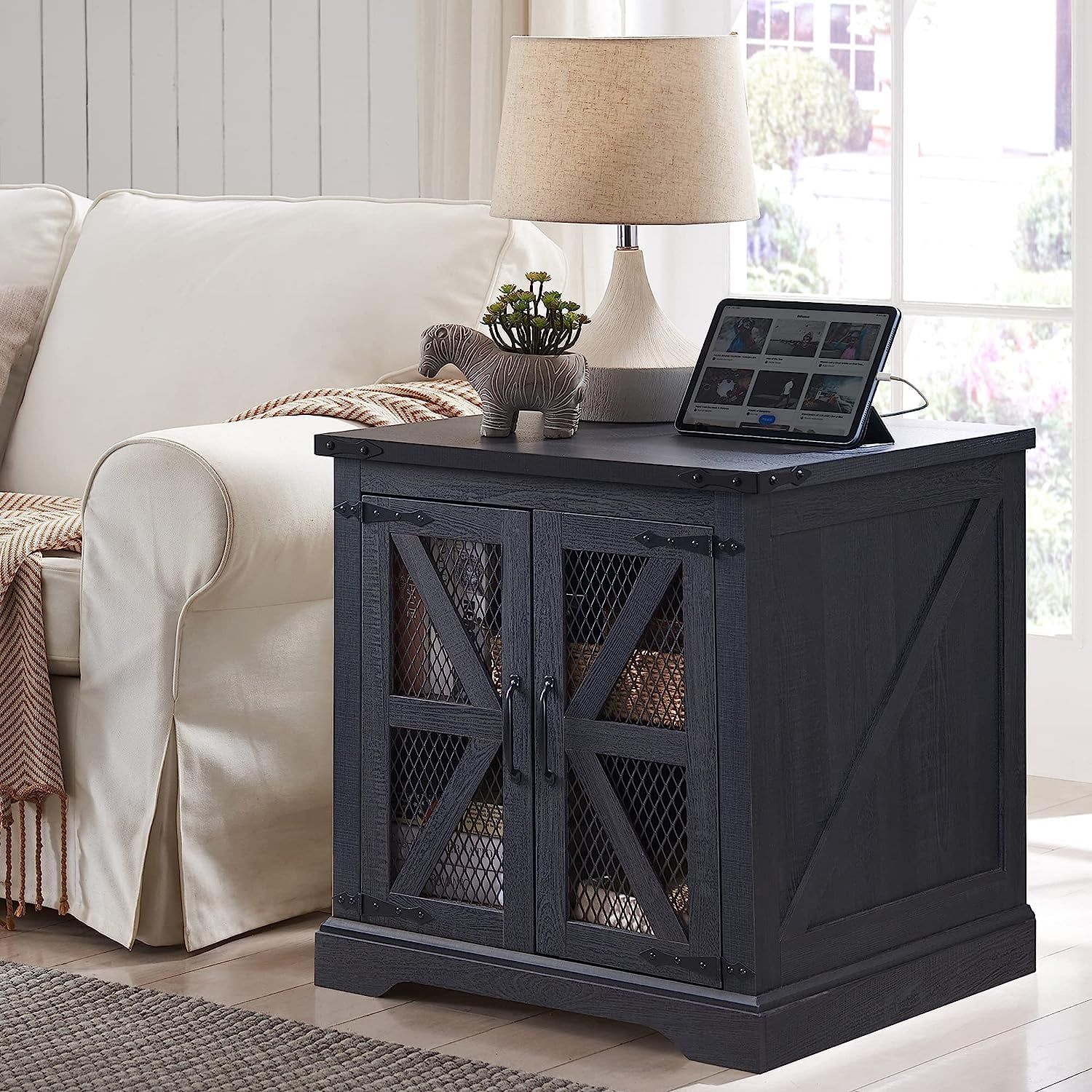 Carbon Black Farmhouse End Table with Storage and Charging Station