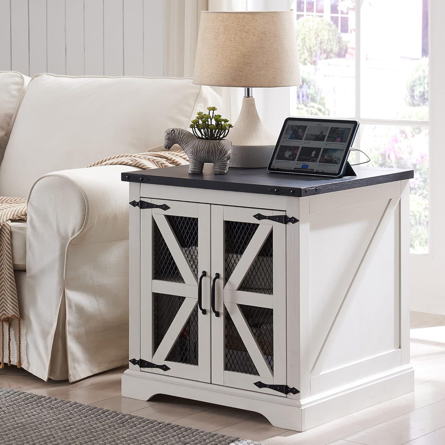 Antique White Farmhouse End Table with Charging Station and Mesh Barn Door