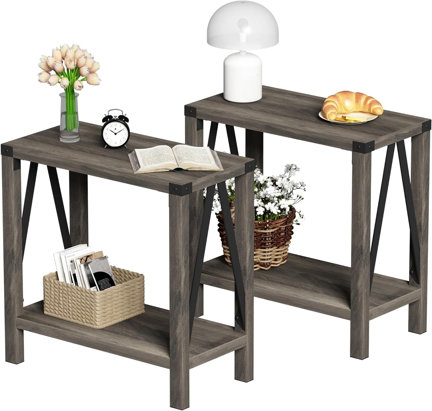 Gray Rustic Farmhouse End Table with Storage Shelf, 2 Pack