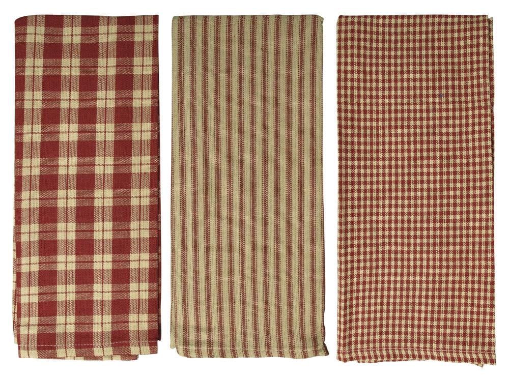 Antique Burgundy and Tan Cotton Checkered Kitchen Towels Set