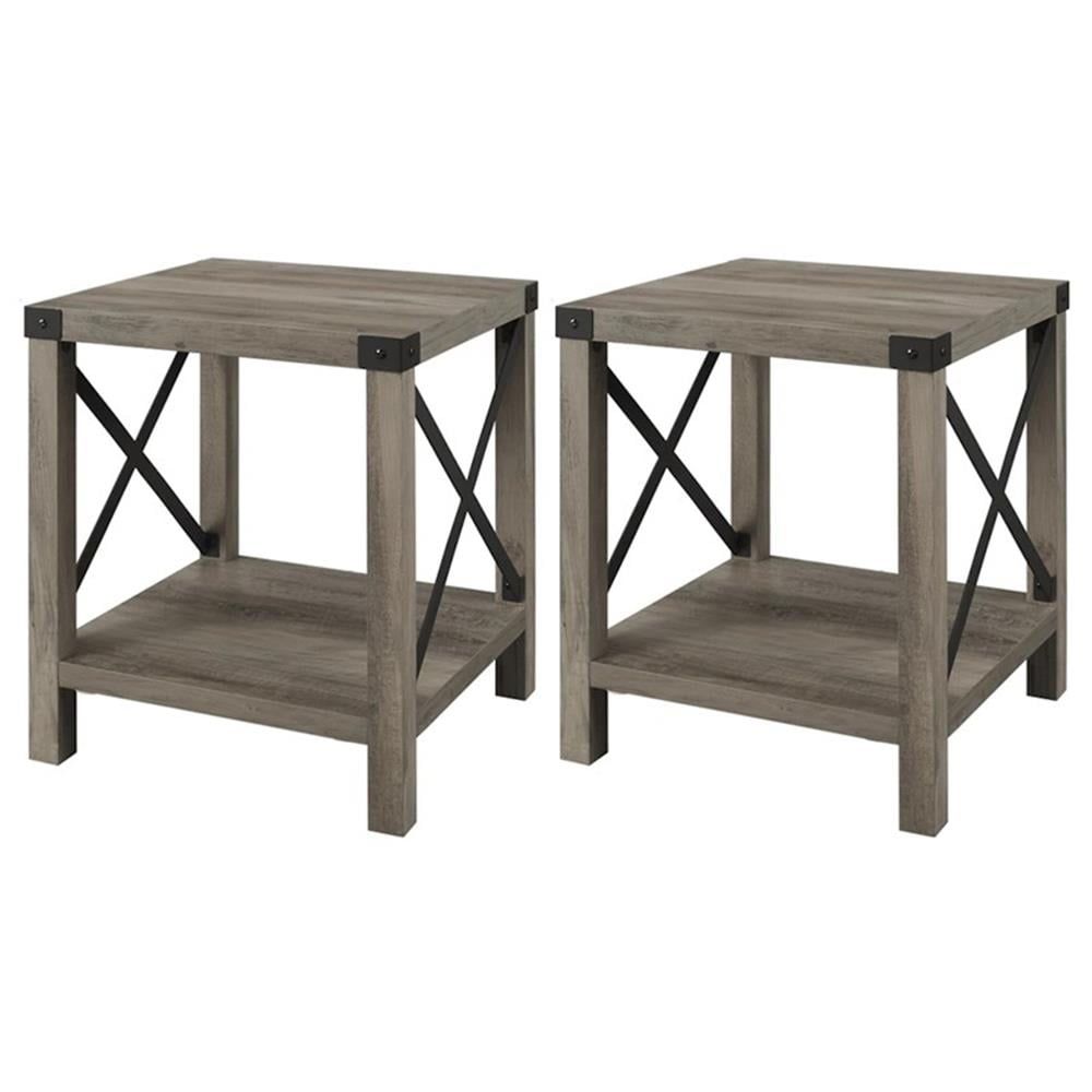 Farmhouse Gray Wash Metal-X Storage Side Tables (Set of 2)