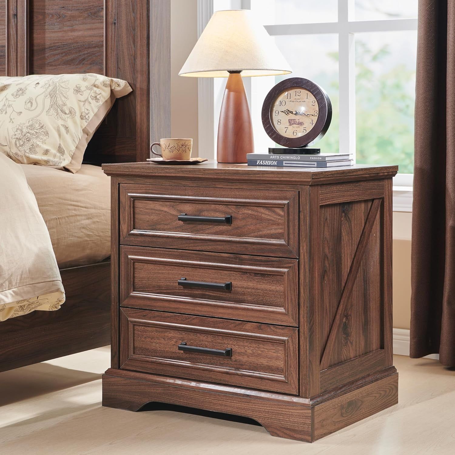 Brown Rustic Wood 3-Drawer Nightstand with Charging Station