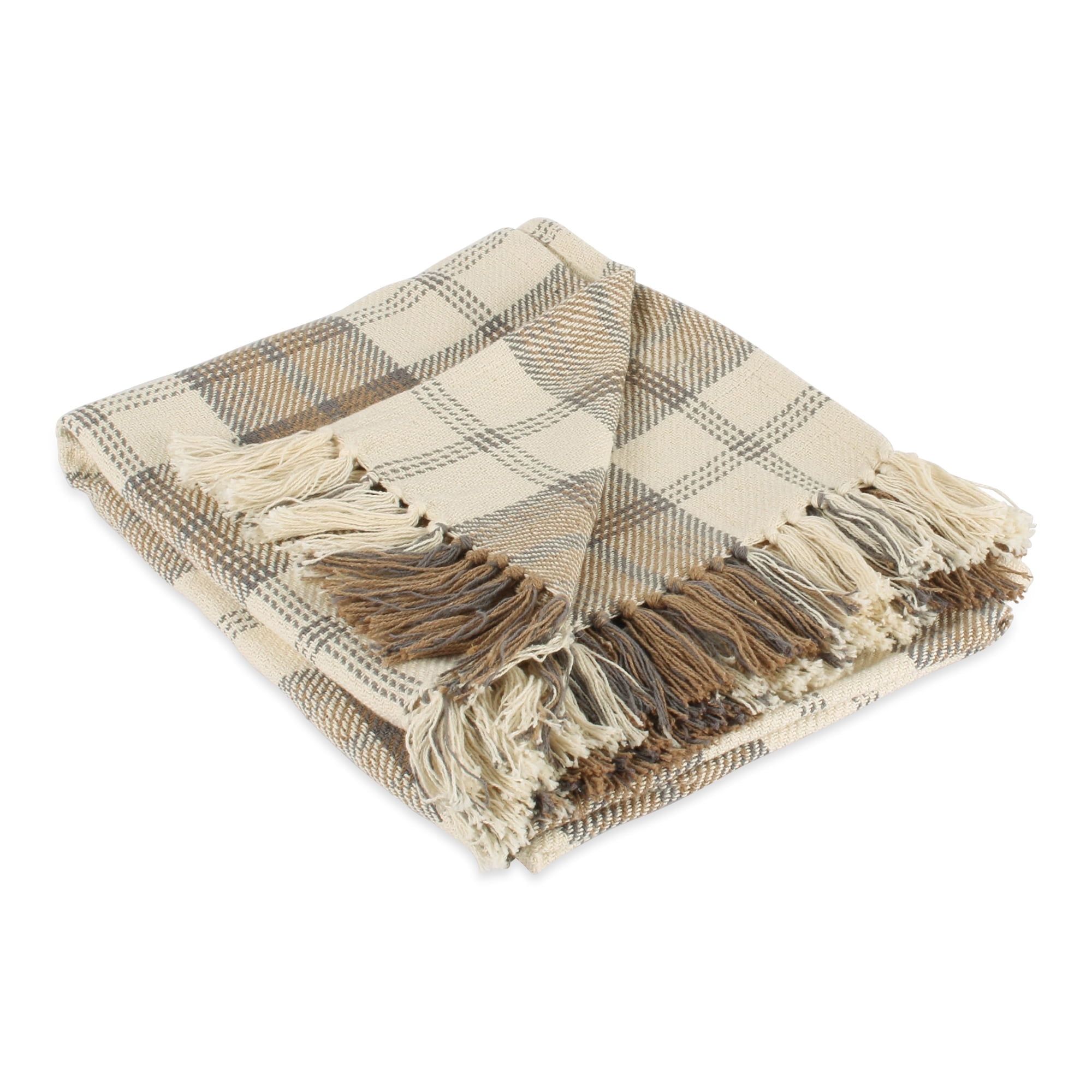 Stone Plaid Cotton Throw Blanket with Fringe, 50x60