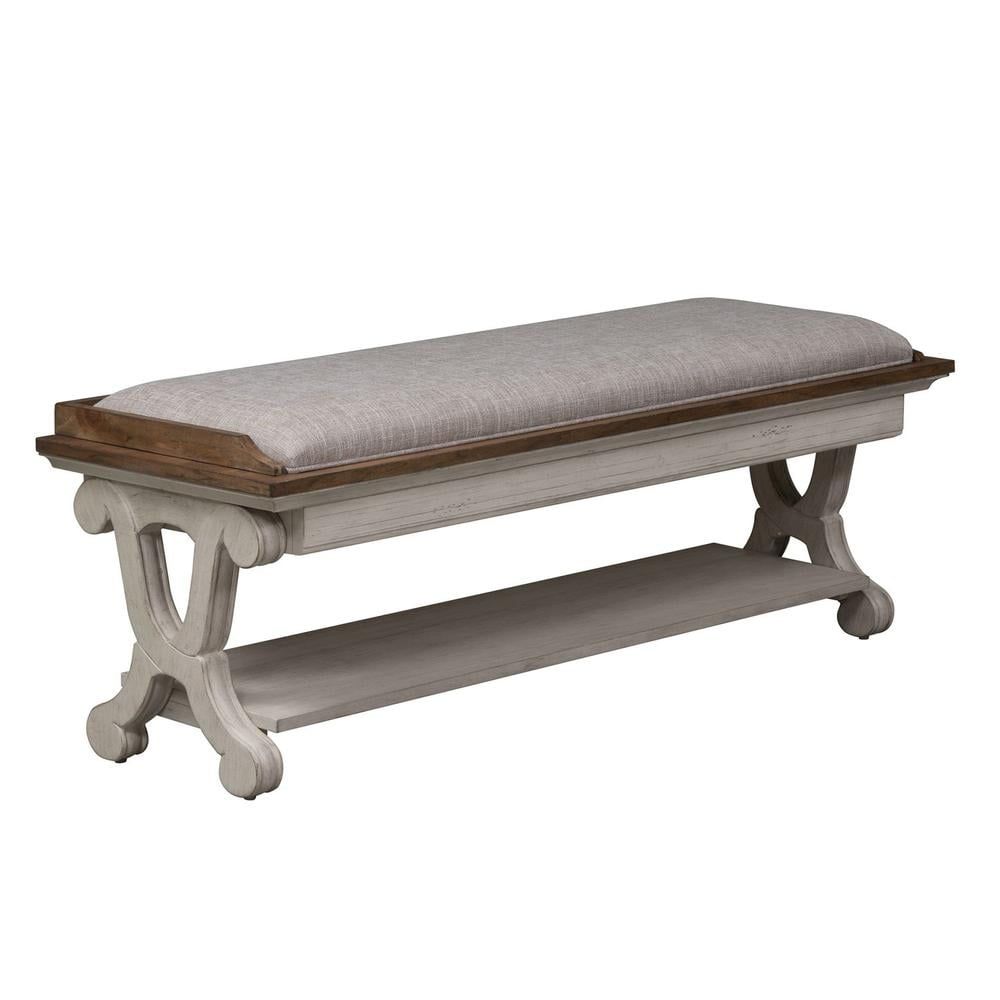 Beige Upholstered Bed Bench with Storage Shelf