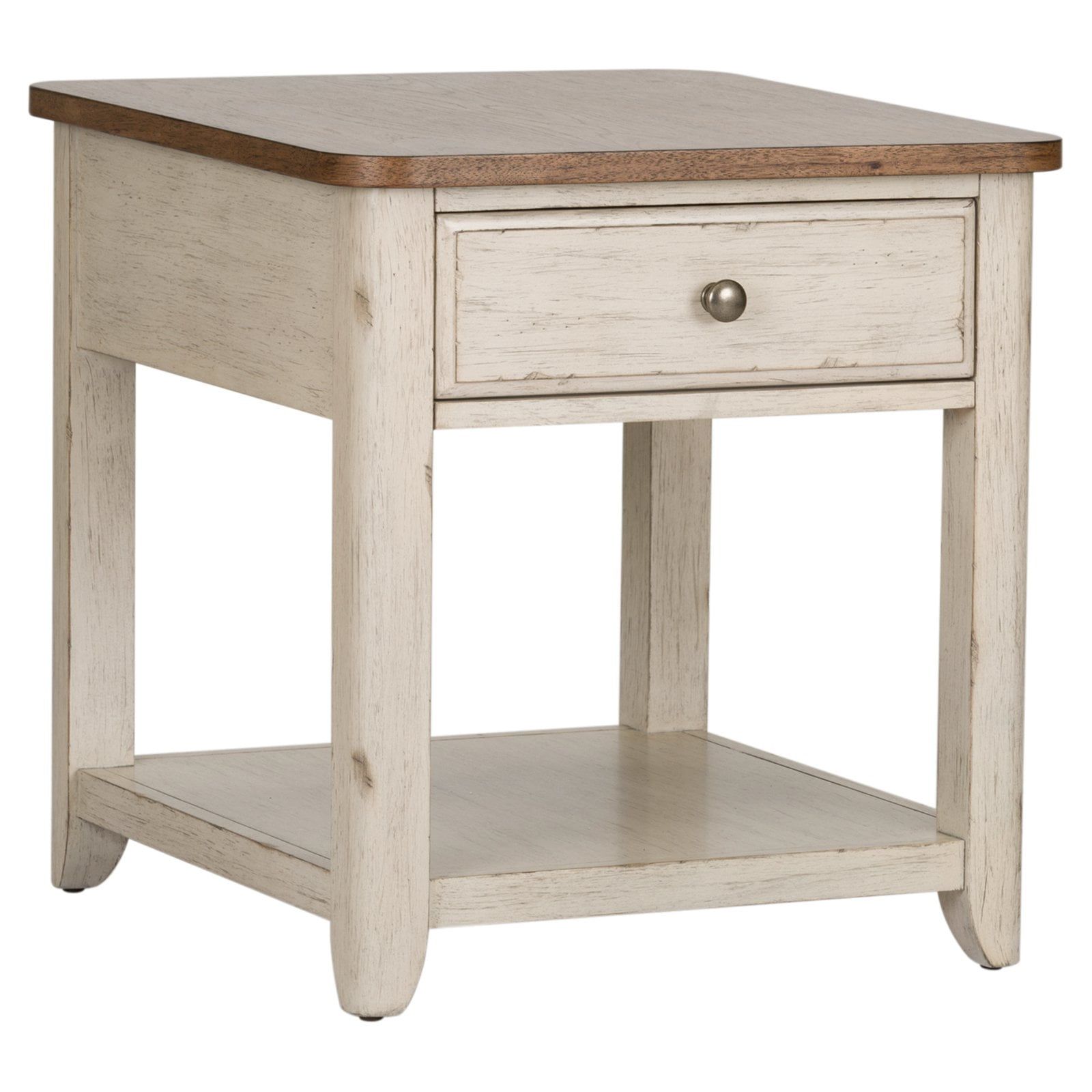 White and Chestnut Rectangular End Table with Storage Basket