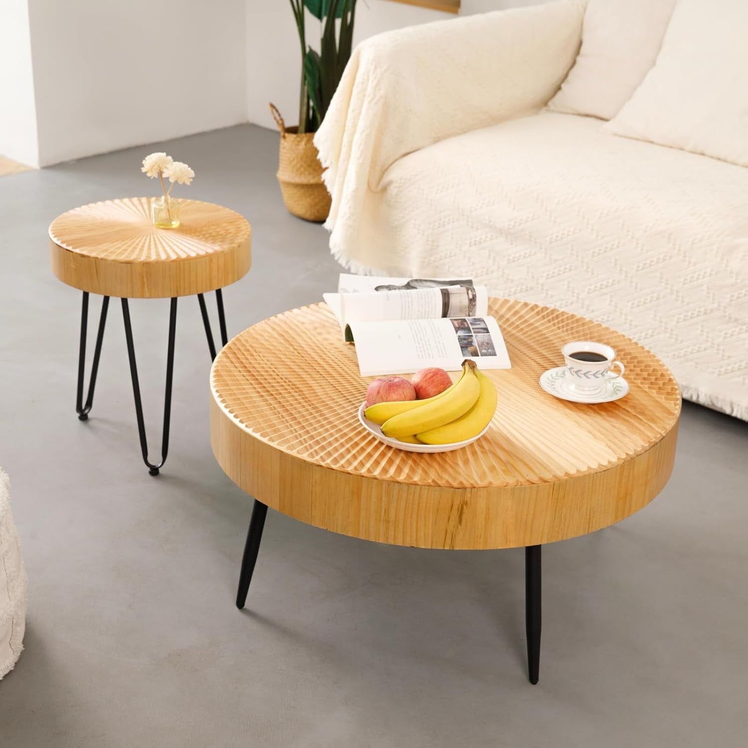 Round Natural Wood Nesting Coffee Table Set with Radial Pattern