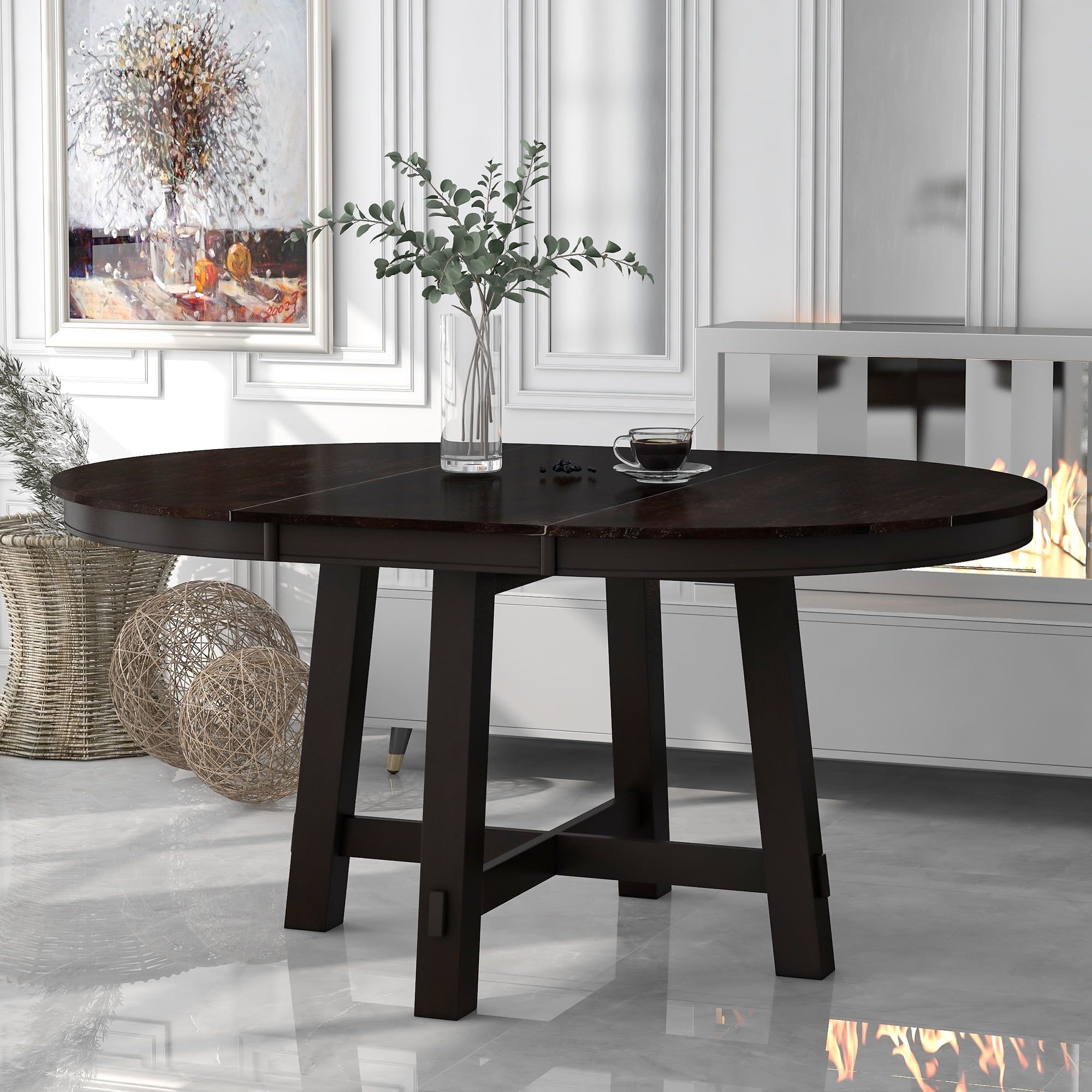 Espresso Round Extendable Farmhouse Dining Table with X-Base