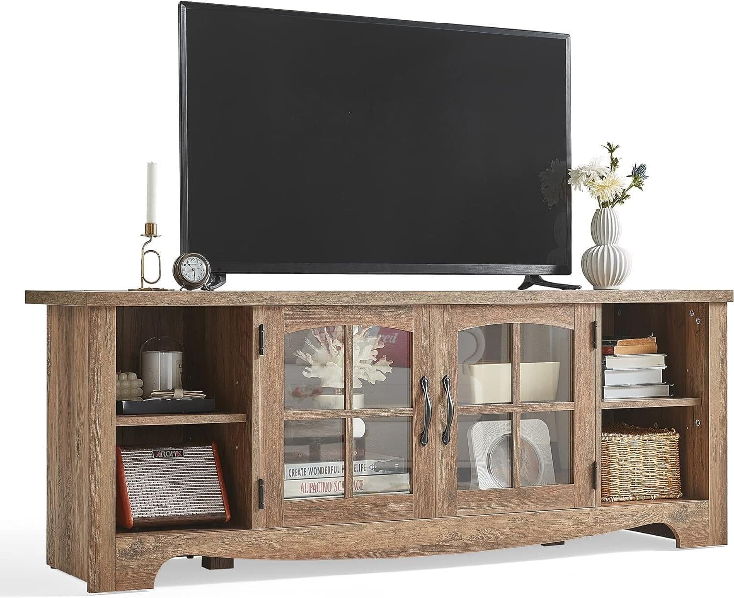 Farmhouse Brown Wood TV Stand with Glass Doors for 65 Inch TV