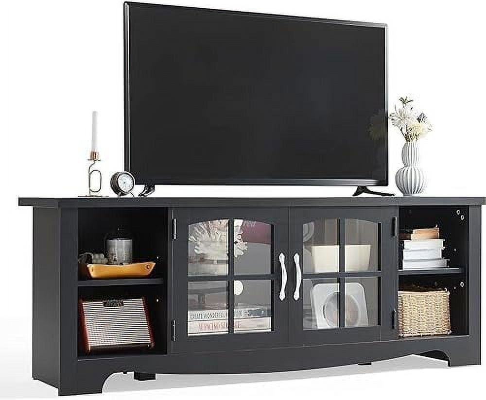 Black Engineered Wood Farmhouse TV Stand with Glass Doors