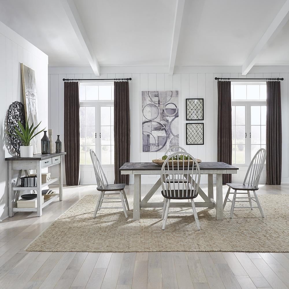 Farmhouse White and Weathered Oak 5 Piece Trestle Table Set