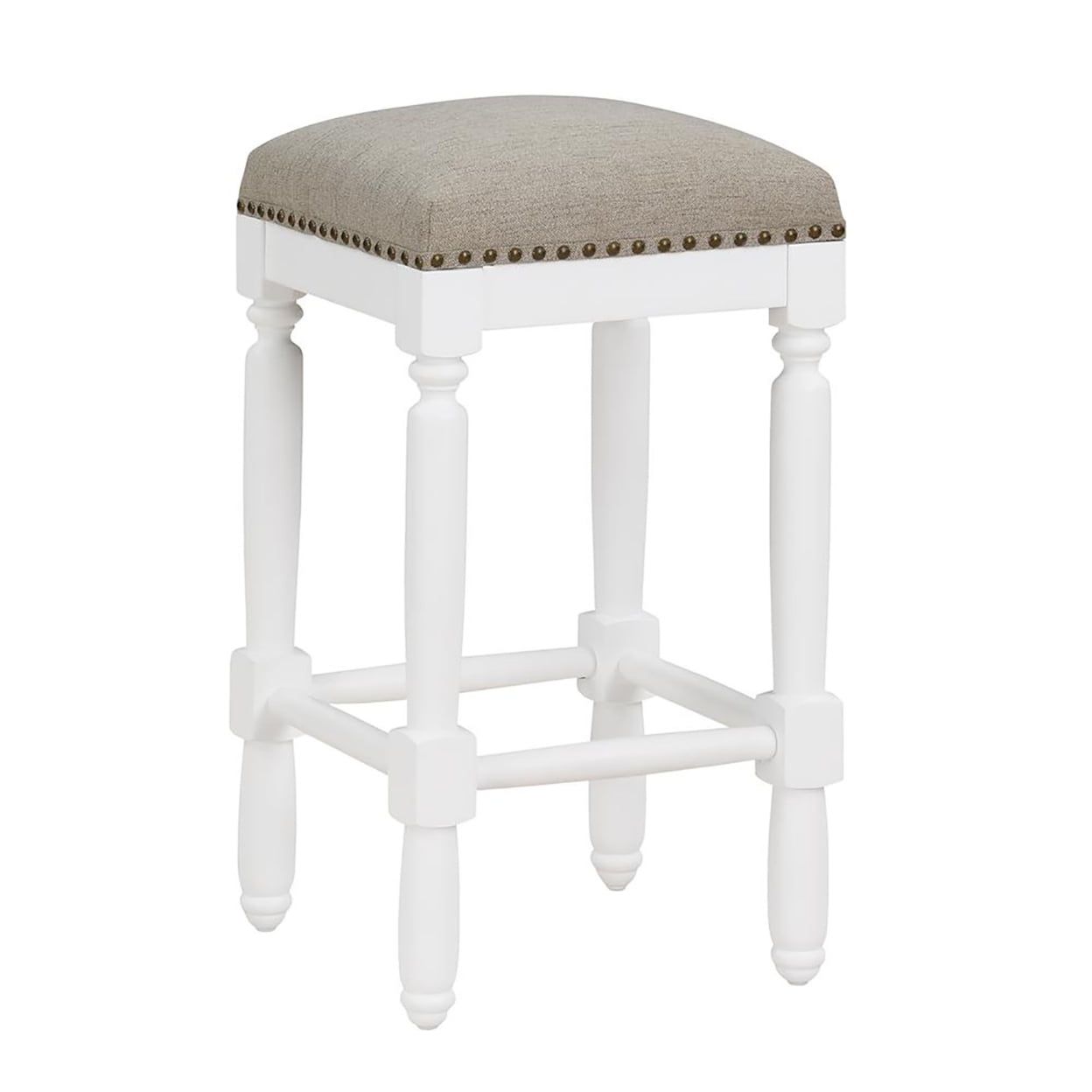 Farmhouse White Wood Backless Counter Stool with Nailhead Trim