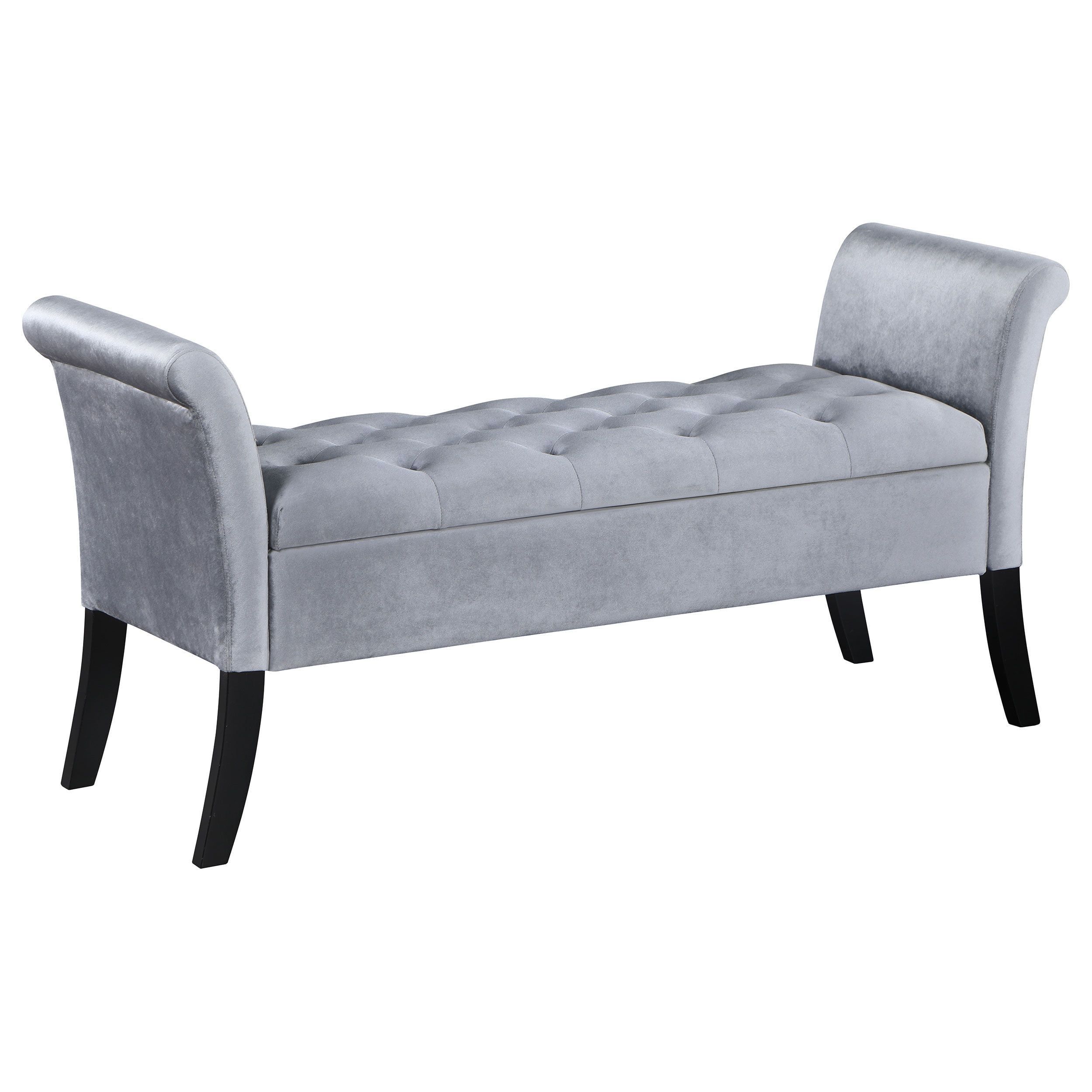 Silver Velvet Upholstered Storage Bench with Rolled Arms