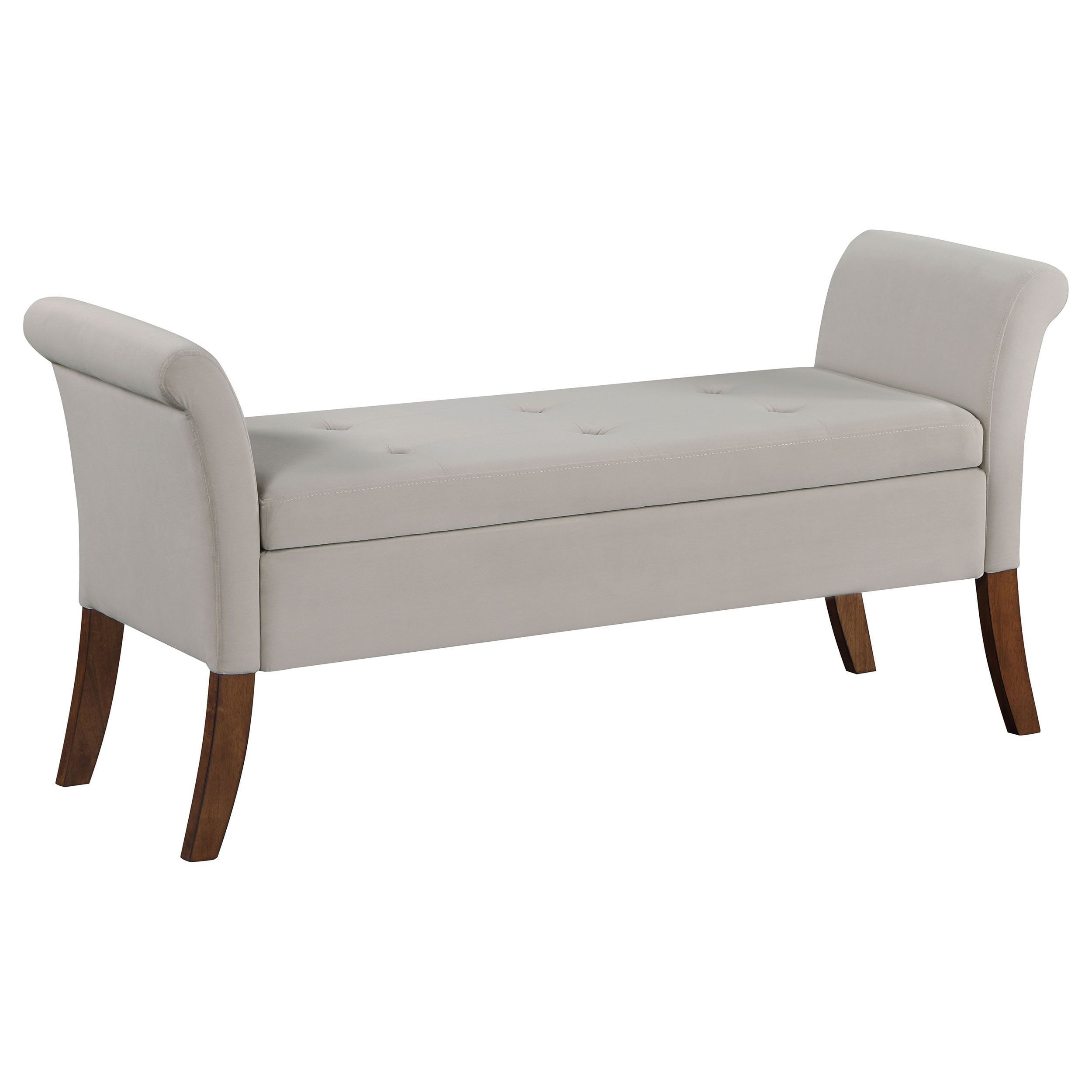 Beige Velvet Upholstered Storage Bench with Flared Arms