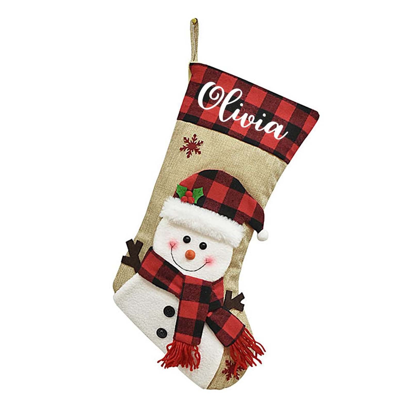 18" Personalized Burlap and Plaid Christmas Stocking with Snowman