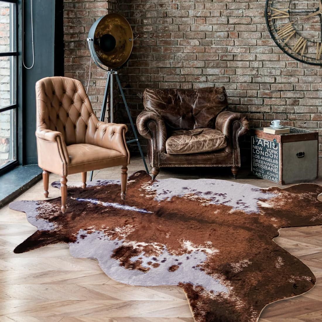 Large Brown and White Faux Fur Cowhide Rug with Non-slip Backing