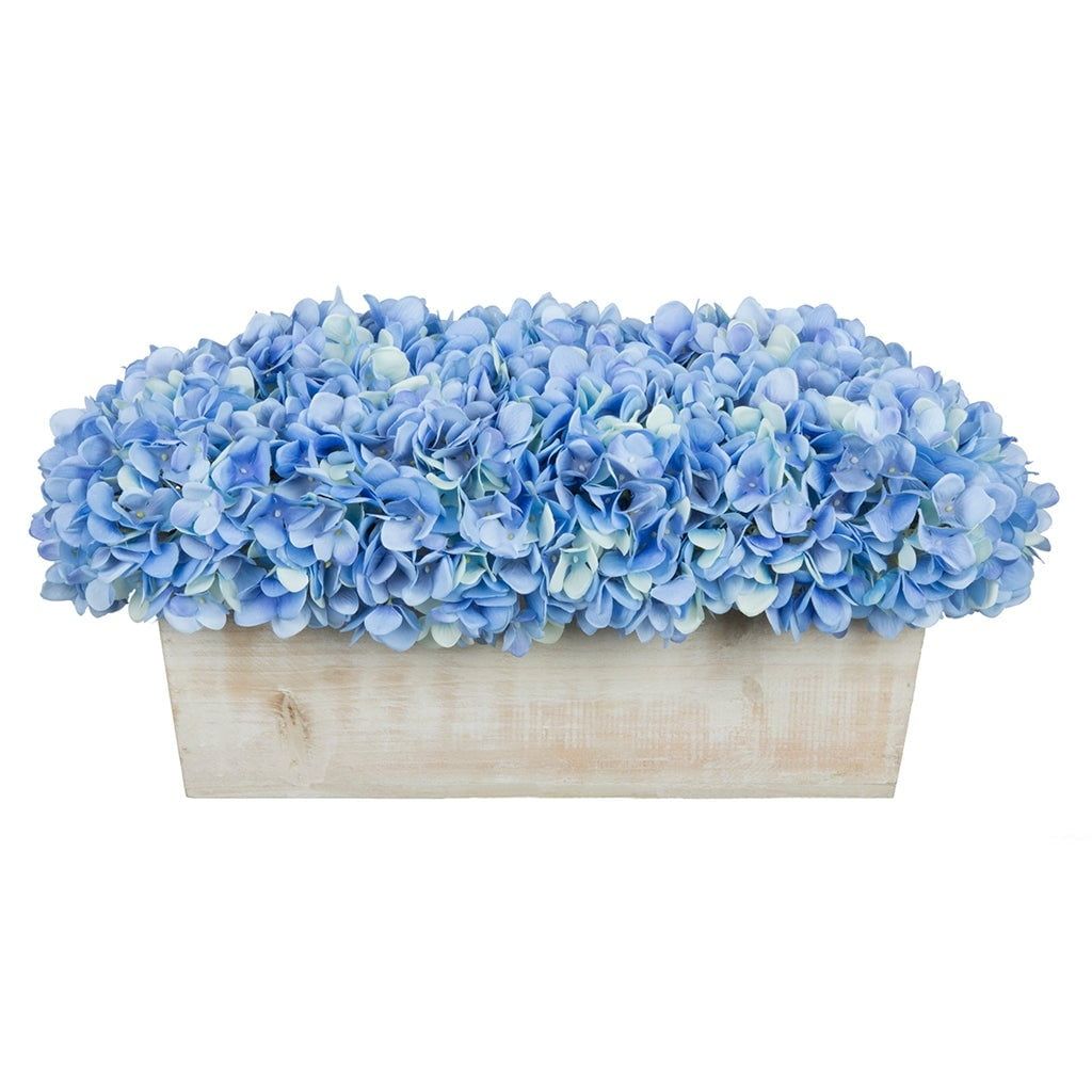 Blue Faux Hydrangea Centerpiece with Lights in White-Washed Wood Planter