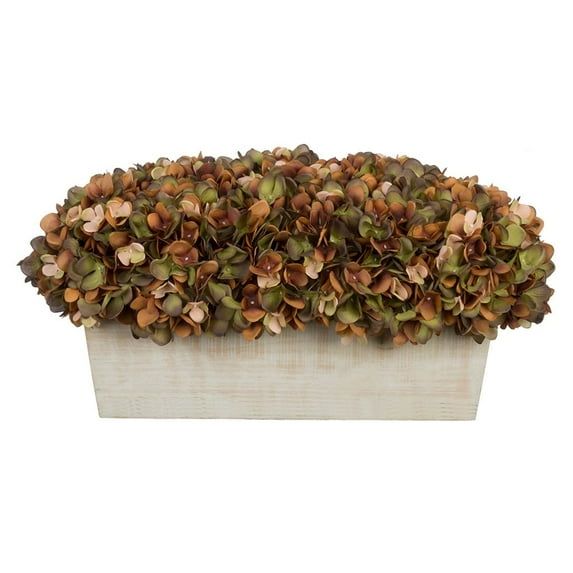 Coffee and Sage Faux Hydrangea Centerpiece in White-Washed Wood Planter