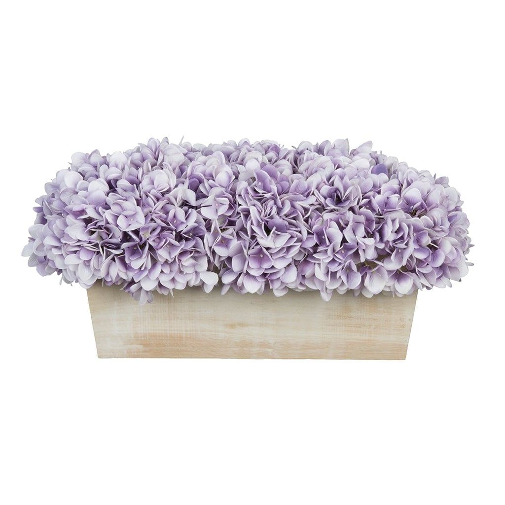 Lavender Faux Hydrangea Centerpiece in White Wood Planter