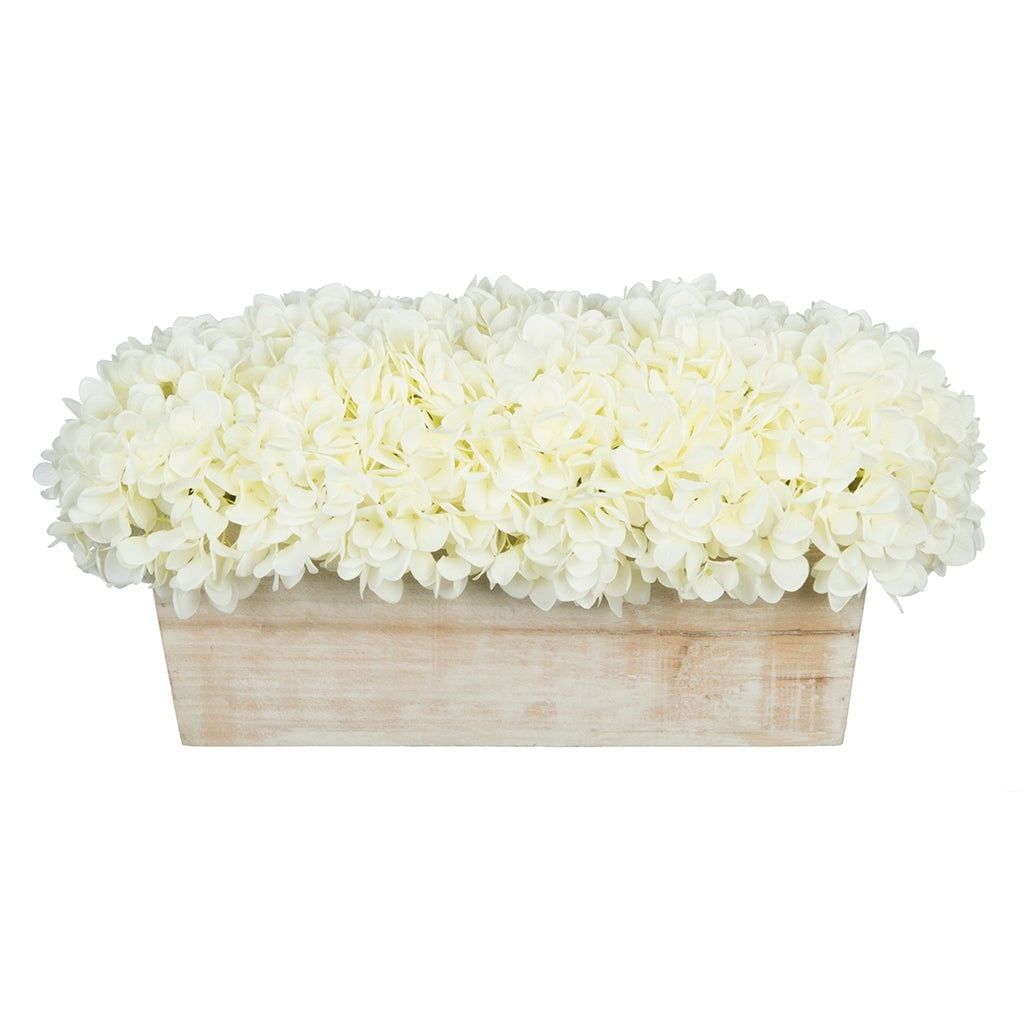 White Hydrangea Centerpiece in Washed Wood Planter