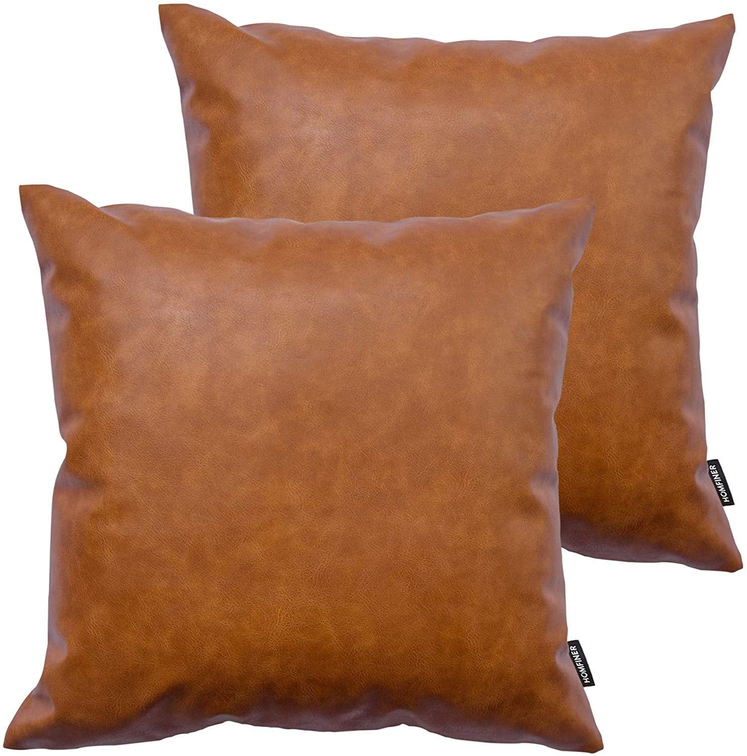 Cognac Brown Faux Leather 18" Throw Pillow Covers, Set of 2