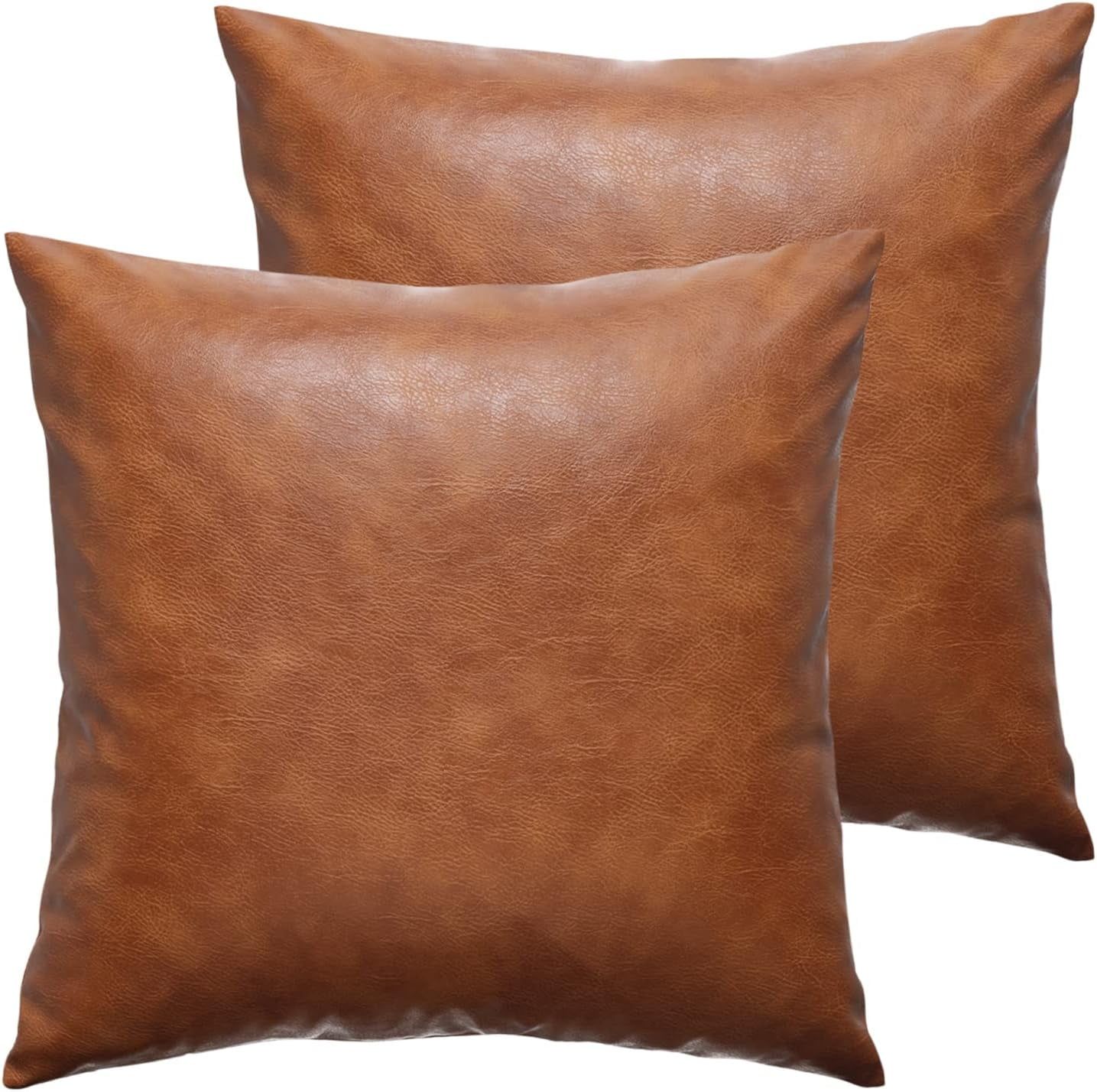 Brown Faux Leather 18" x 18" Modern Throw Pillow Covers Set