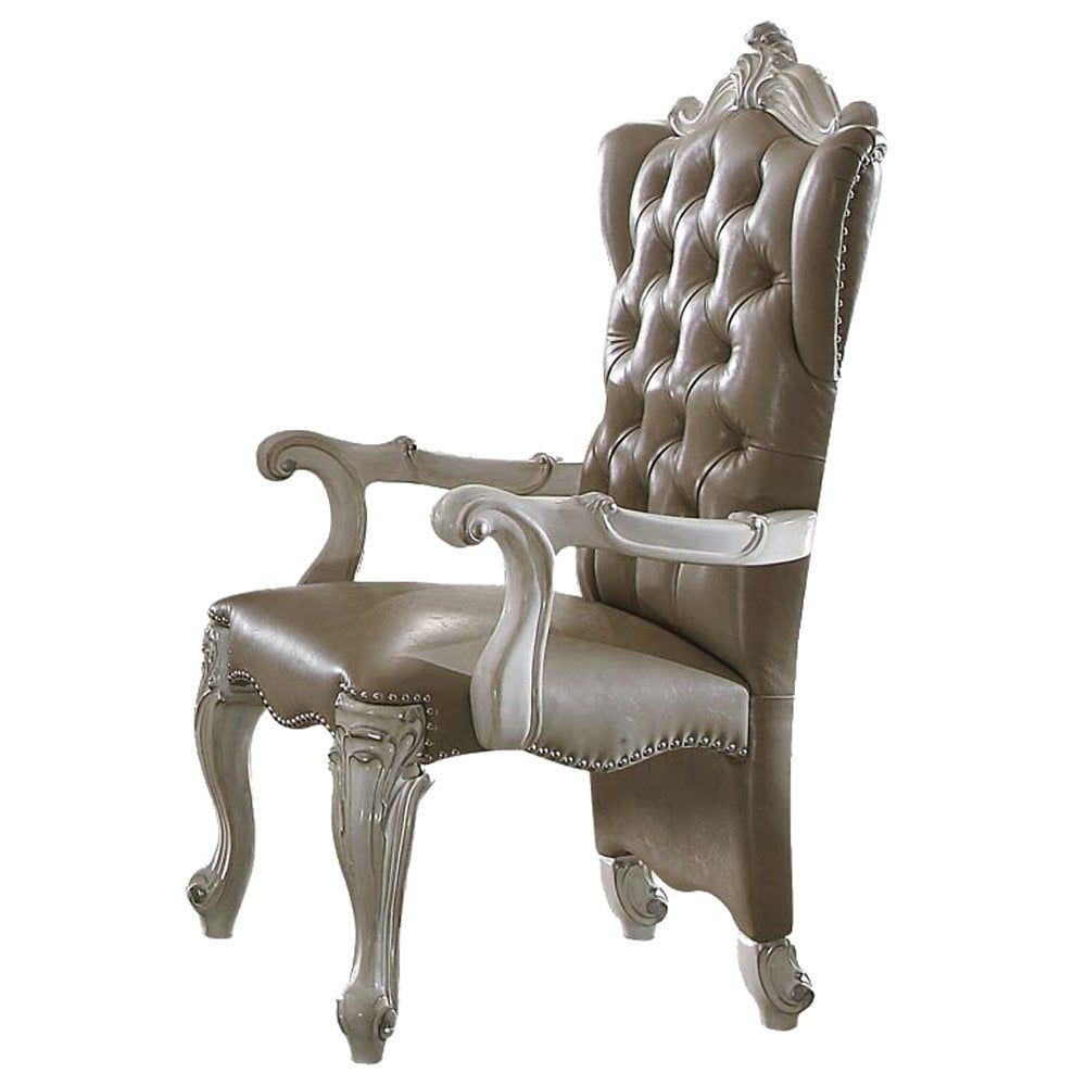 Vintage Gray Faux Leather & Bone White Wood Accent Chair