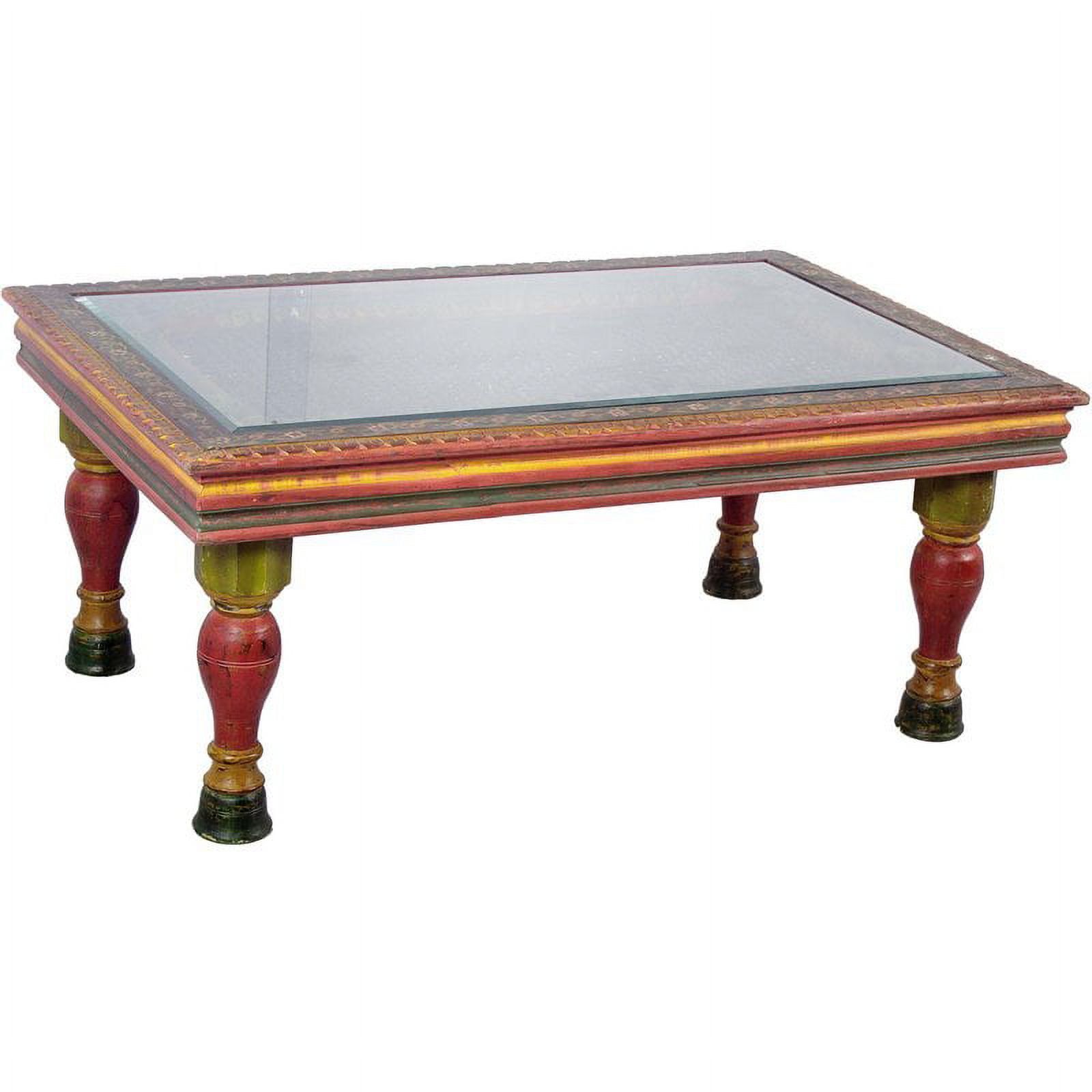 Traditional Multicolor Carved Wood and Glass Rectangular Coffee Table