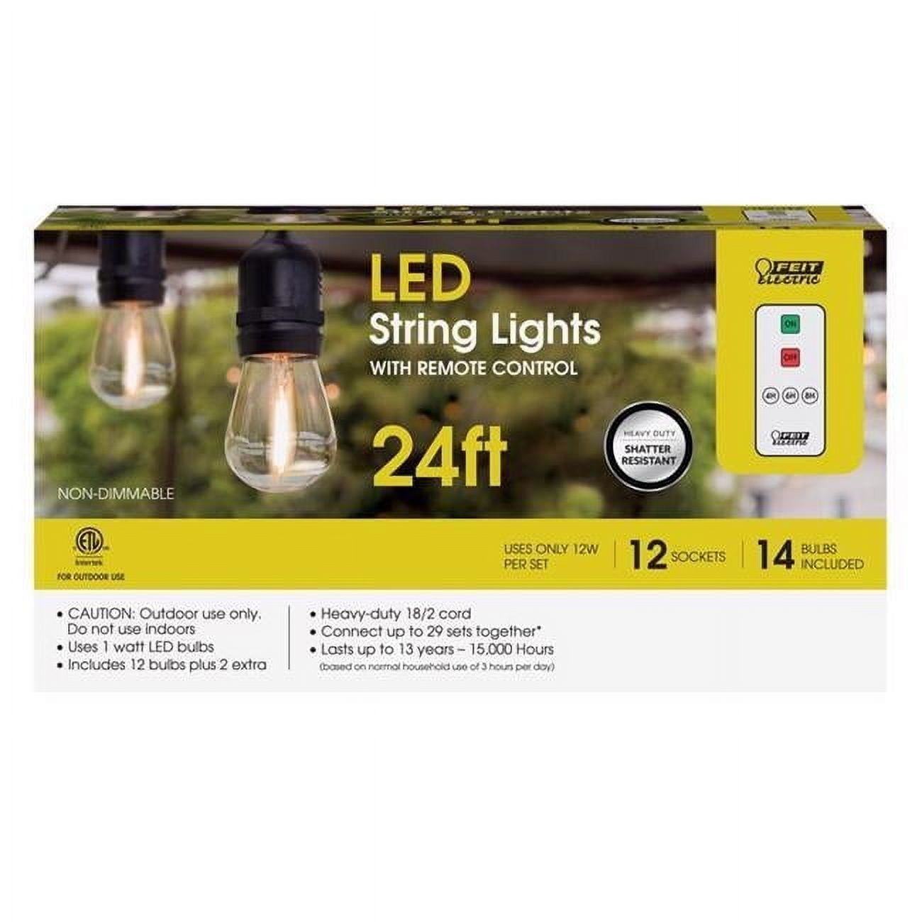 24ft Warm White LED Outdoor String Lights with Remote Control