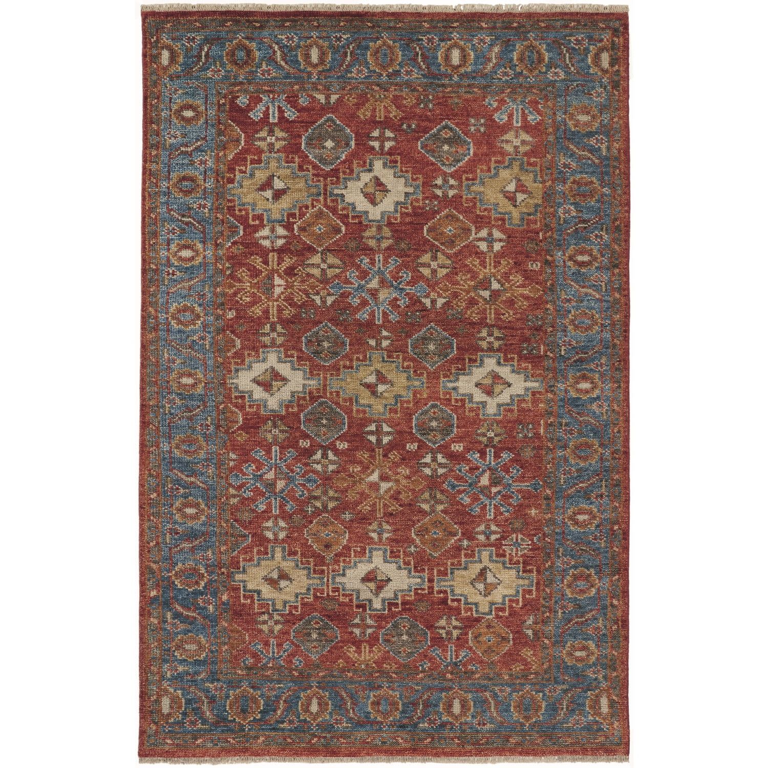 Hand-Knotted Wool Red and Blue Persian Style Accent Rug