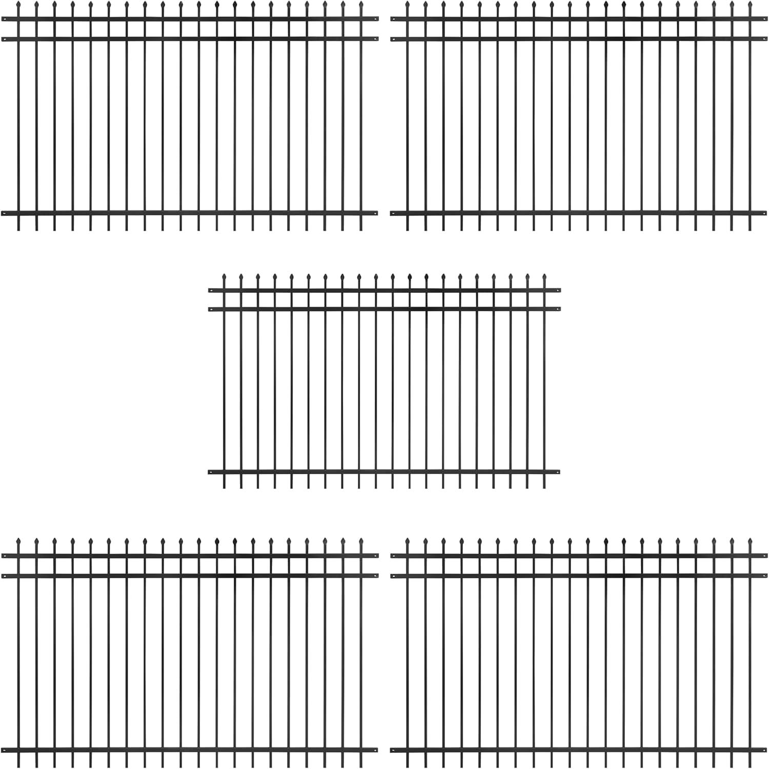 Heavy Duty Black Metal Pointed Top Fence Panels, 5ft x 8ft, Pack of 5