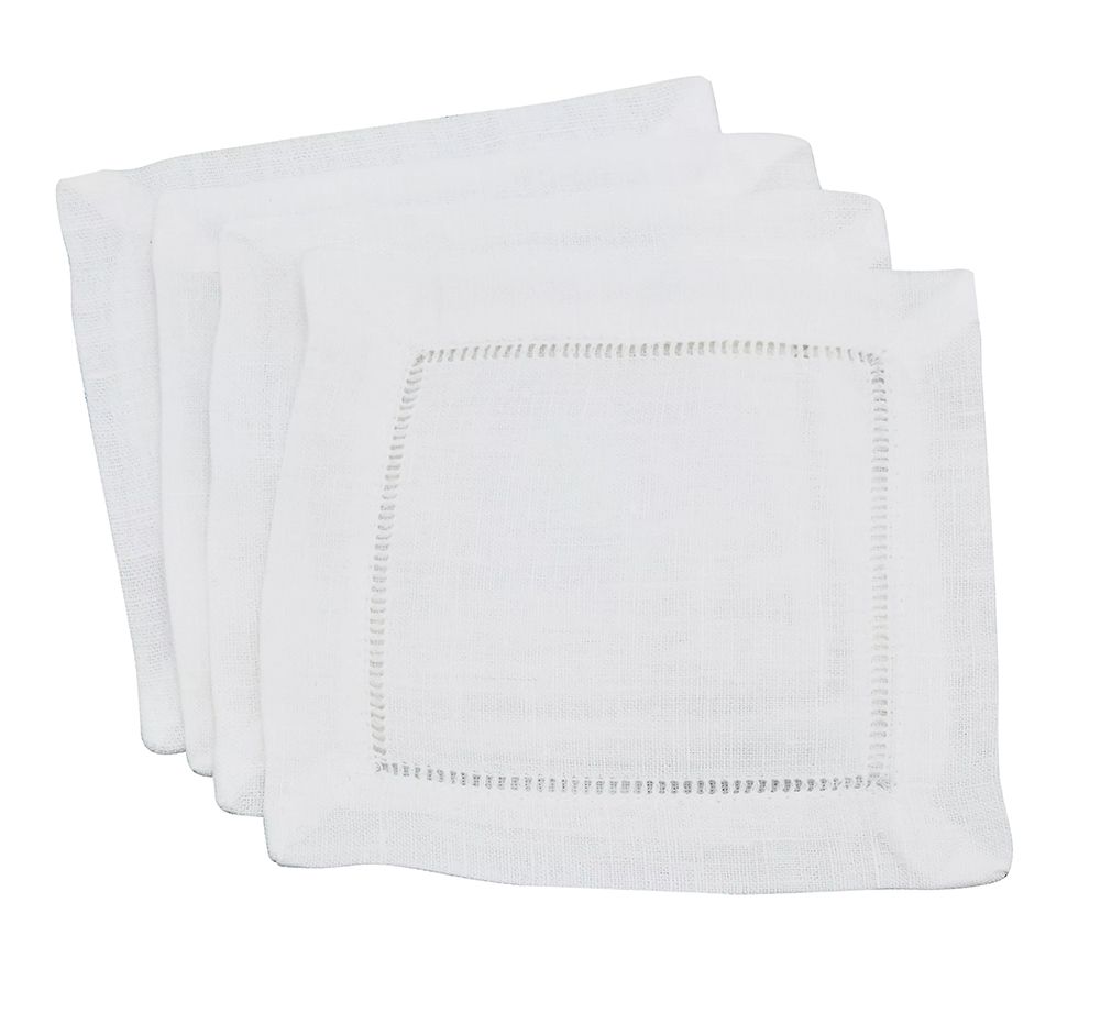 White Hemstitched Linen 6" Square Cocktail Napkins, Set of 4