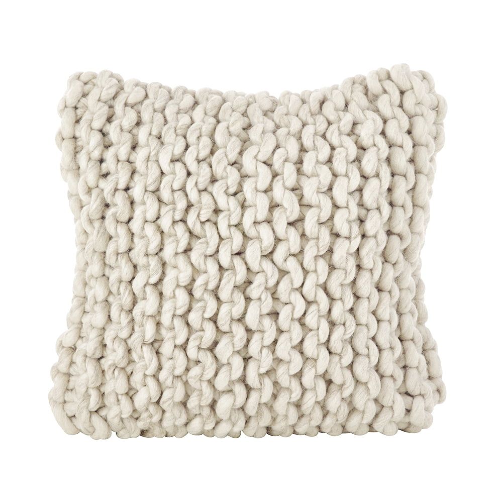 Ivory Chunky Cable Knit Wool Square Throw Pillow