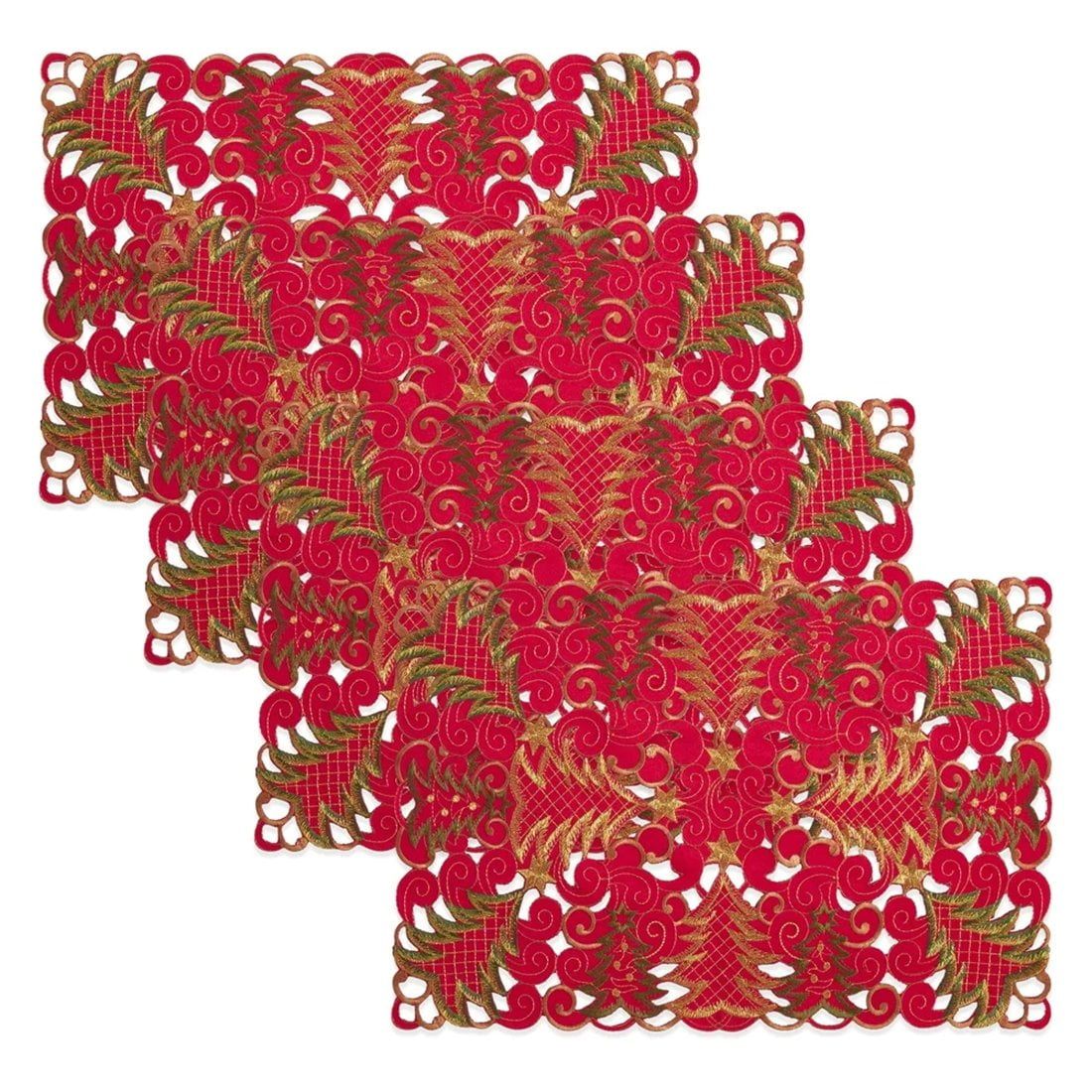 Red Christmas Tree Cutwork Fabric Placemats, Set of 4