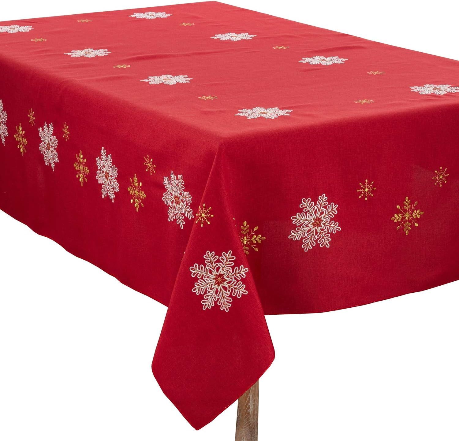 Red Embroidered Snowflake Polyester Holiday Tablecloth 70 x 120 Inch